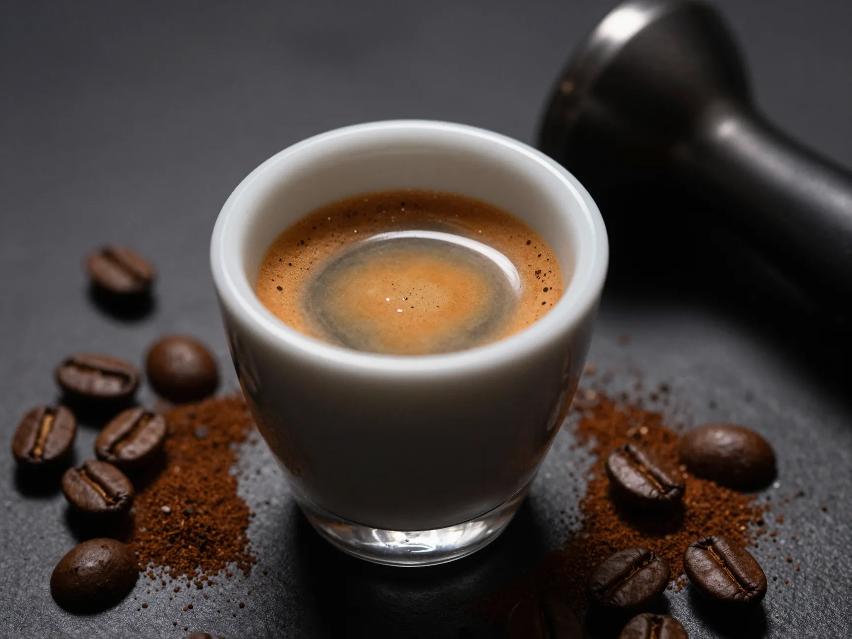 A concentrated ristretto shot in a small cup with a fine grind