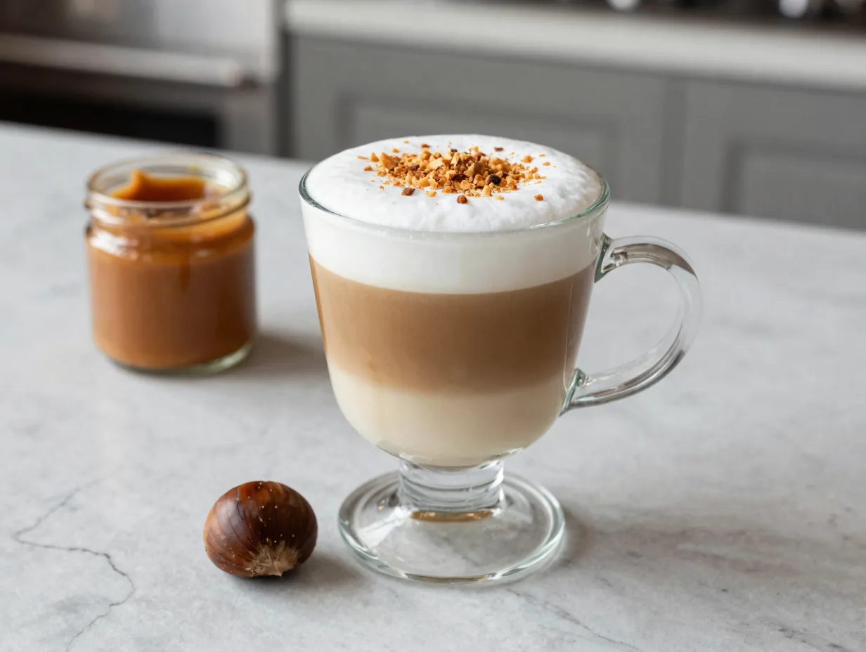 Chestnut praline latte clear glass mug crumbs candied chestnut