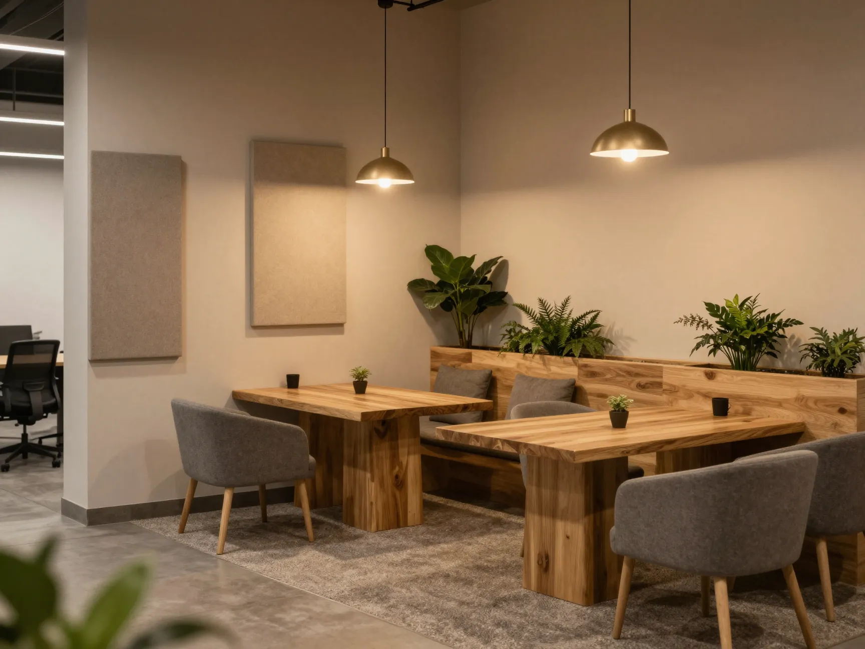 Third space aesthetic coffee zone with warm pendant lighting and natural materials