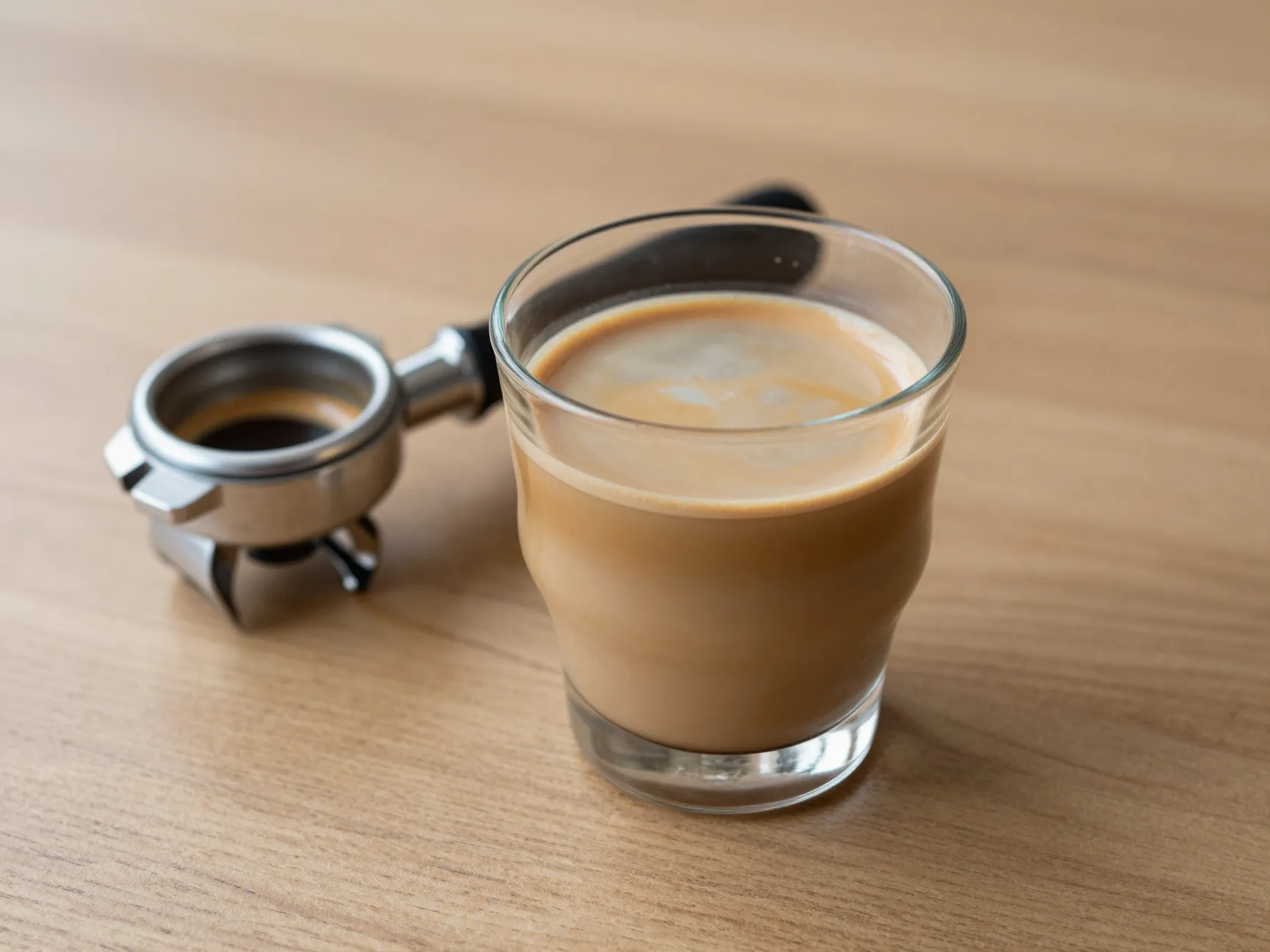 A long black lungo coffee in a glass cup on a wooden table