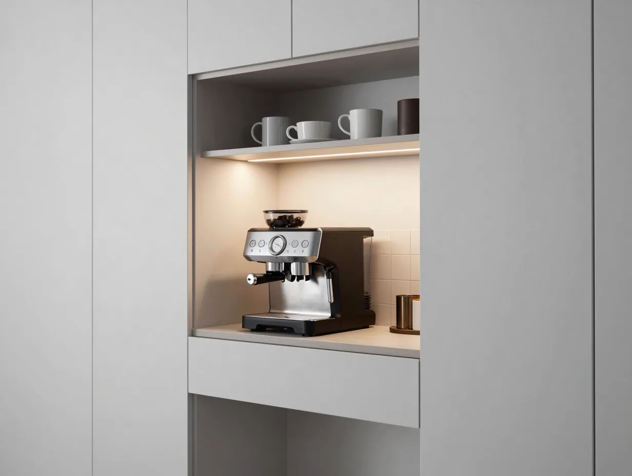 Built in coffee nook in recessed alcove with open shelving and strip lighting