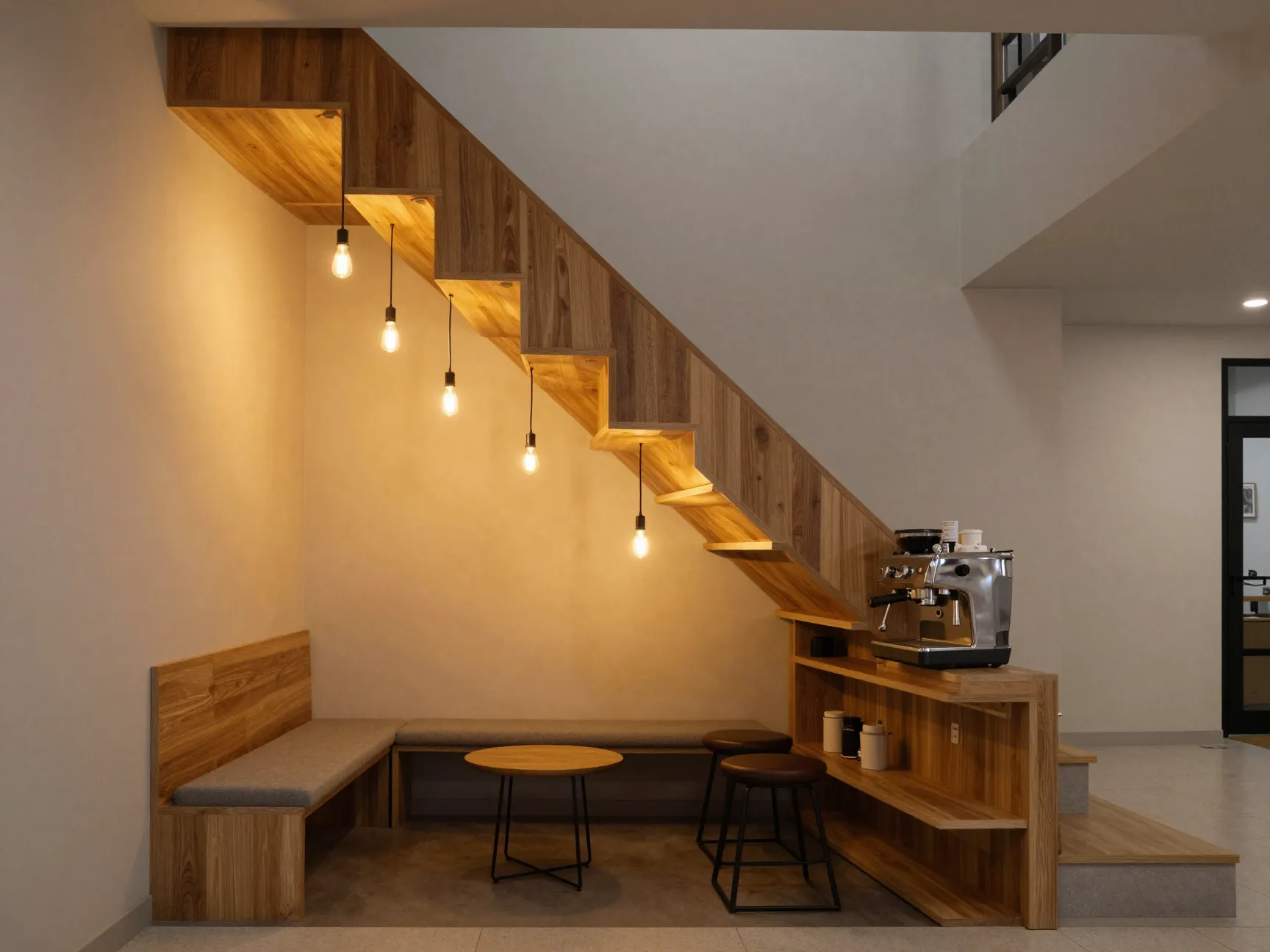 Cozy under stair coffee spot with descending pendant lights and custom shelving