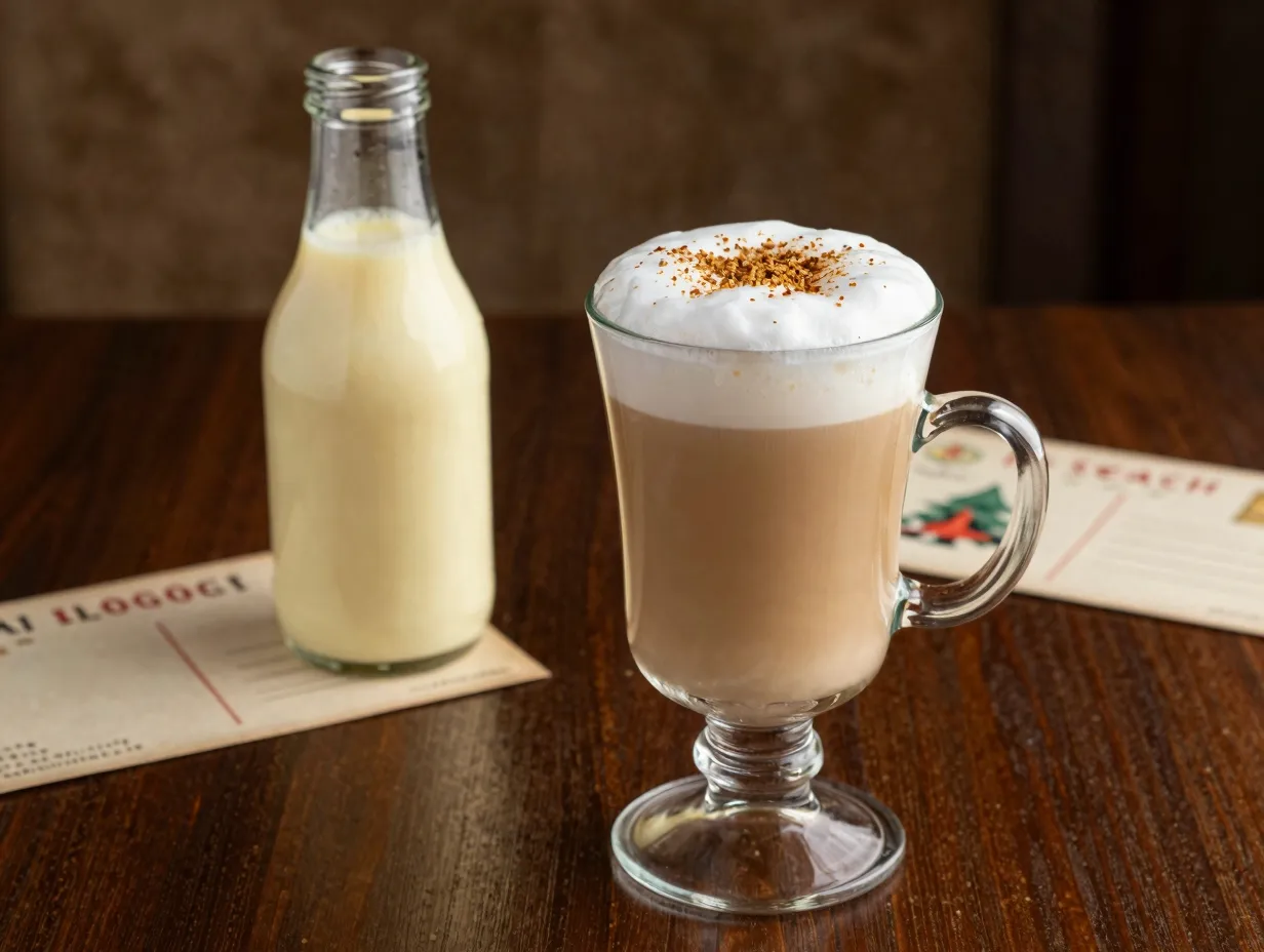 Eggnog latte clear glass mug nutmeg bottle postcard