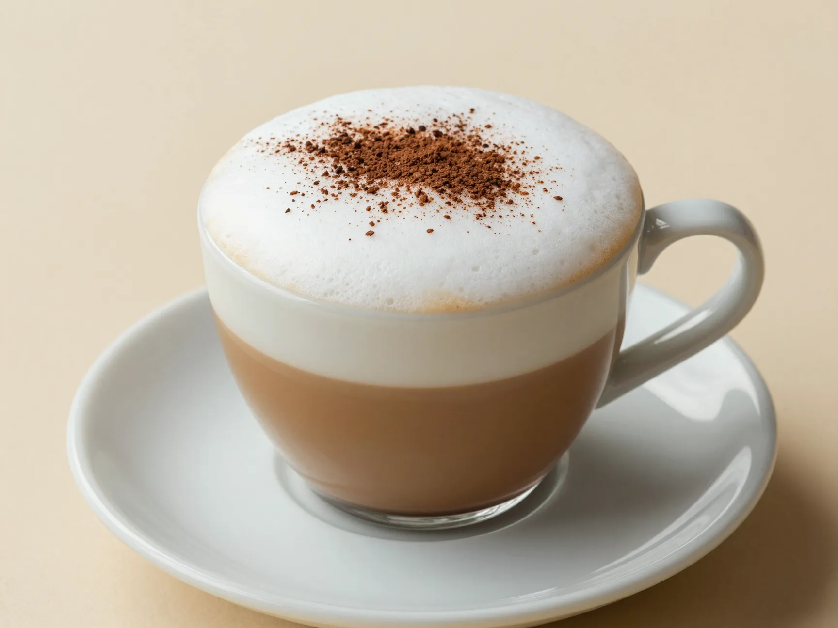 A classic cappuccino with equal parts espresso milk and foam in a cup