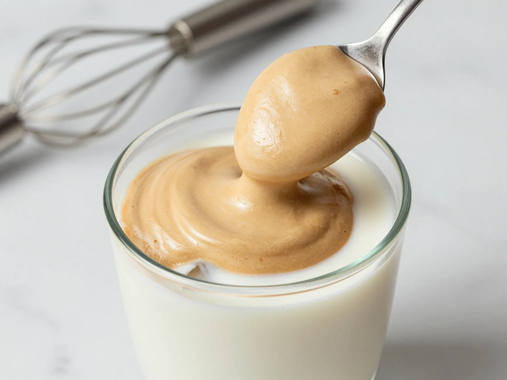 Dalgona whipped coffee thick glossy foam spooned over iced milk