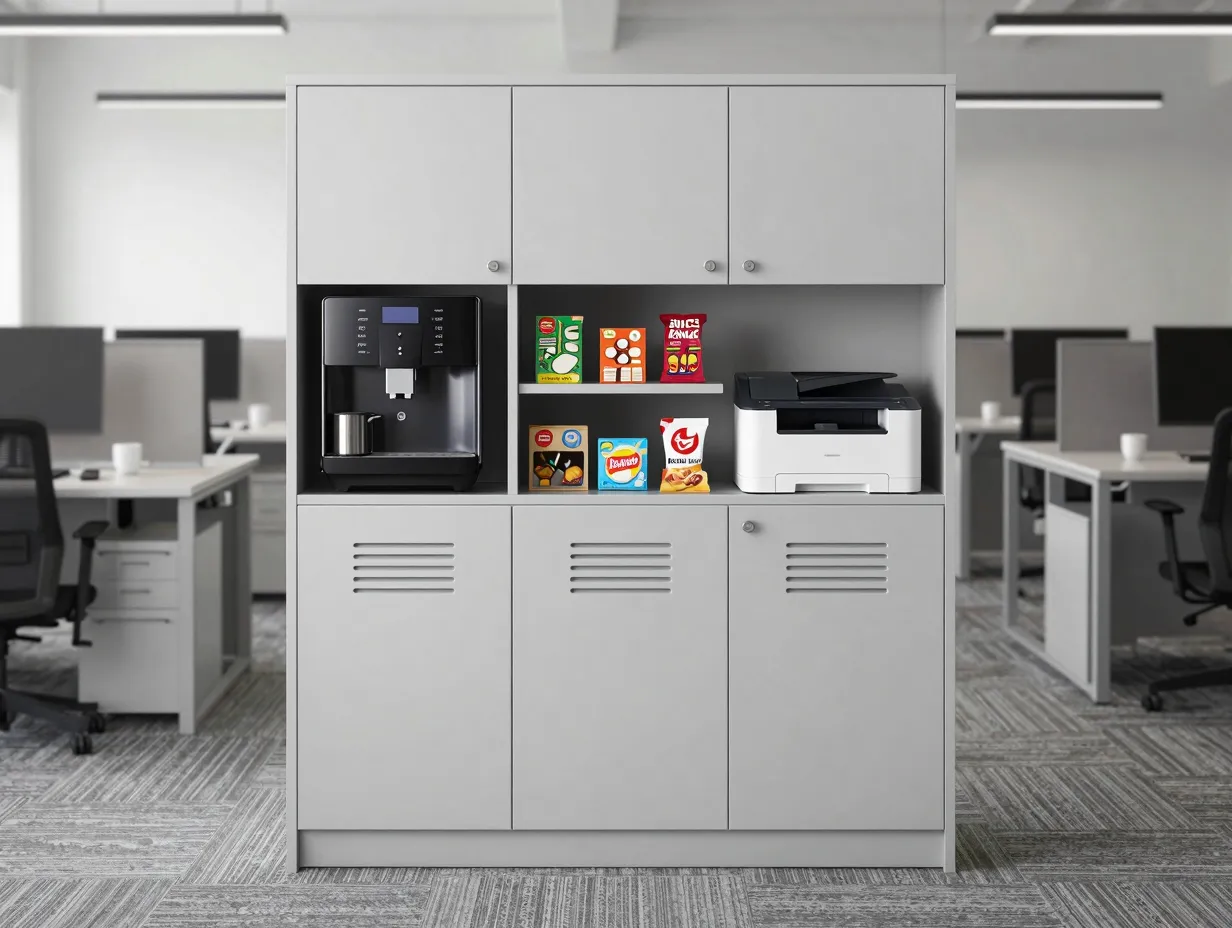 Multi function cabinet integrating coffee machine printer and snack shelf