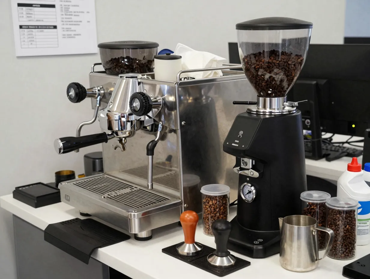 Barista style espresso station with professional machine grinder and beans