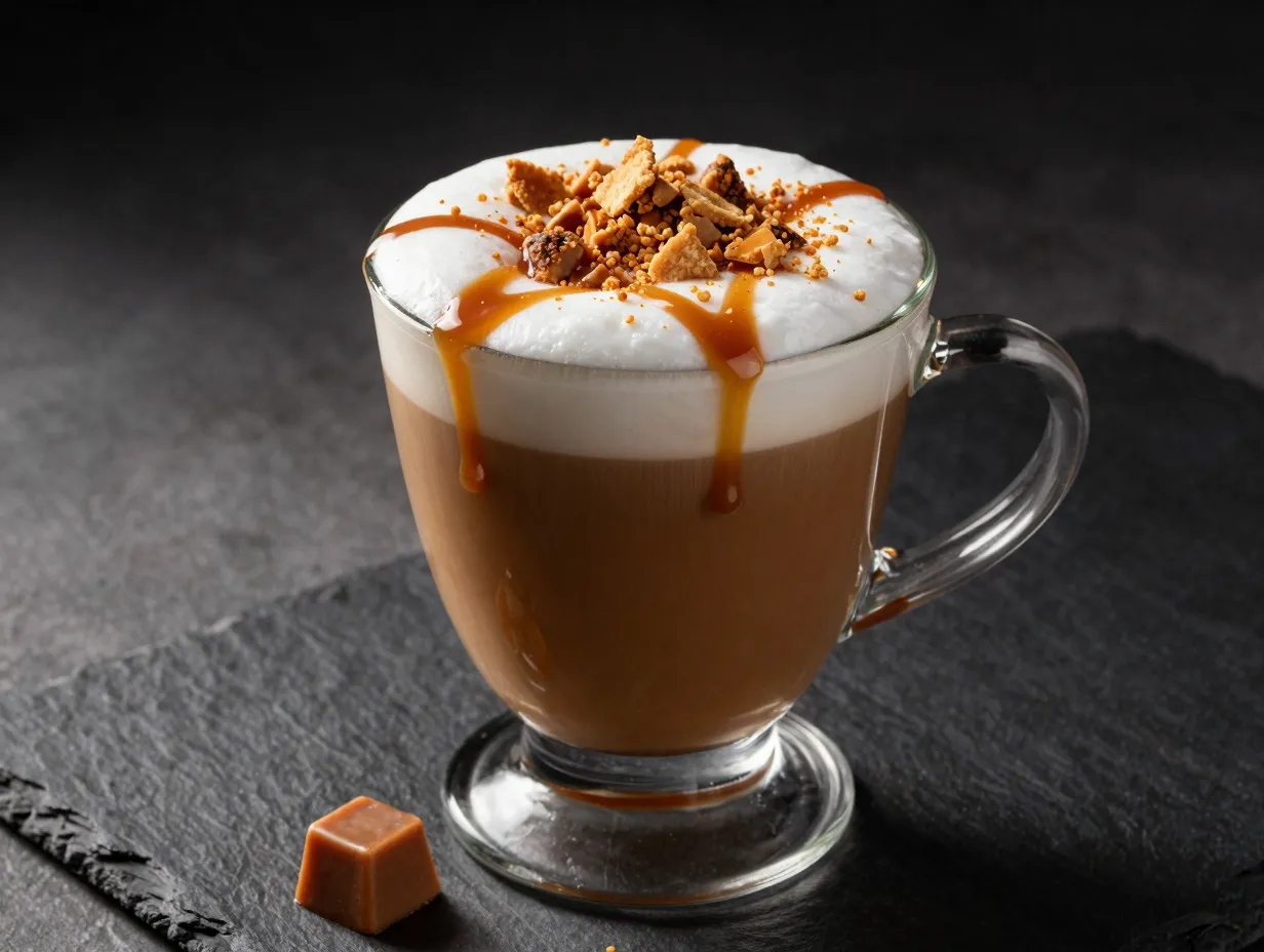 Caramel brulee latte clear glass mug bits sauce candy
