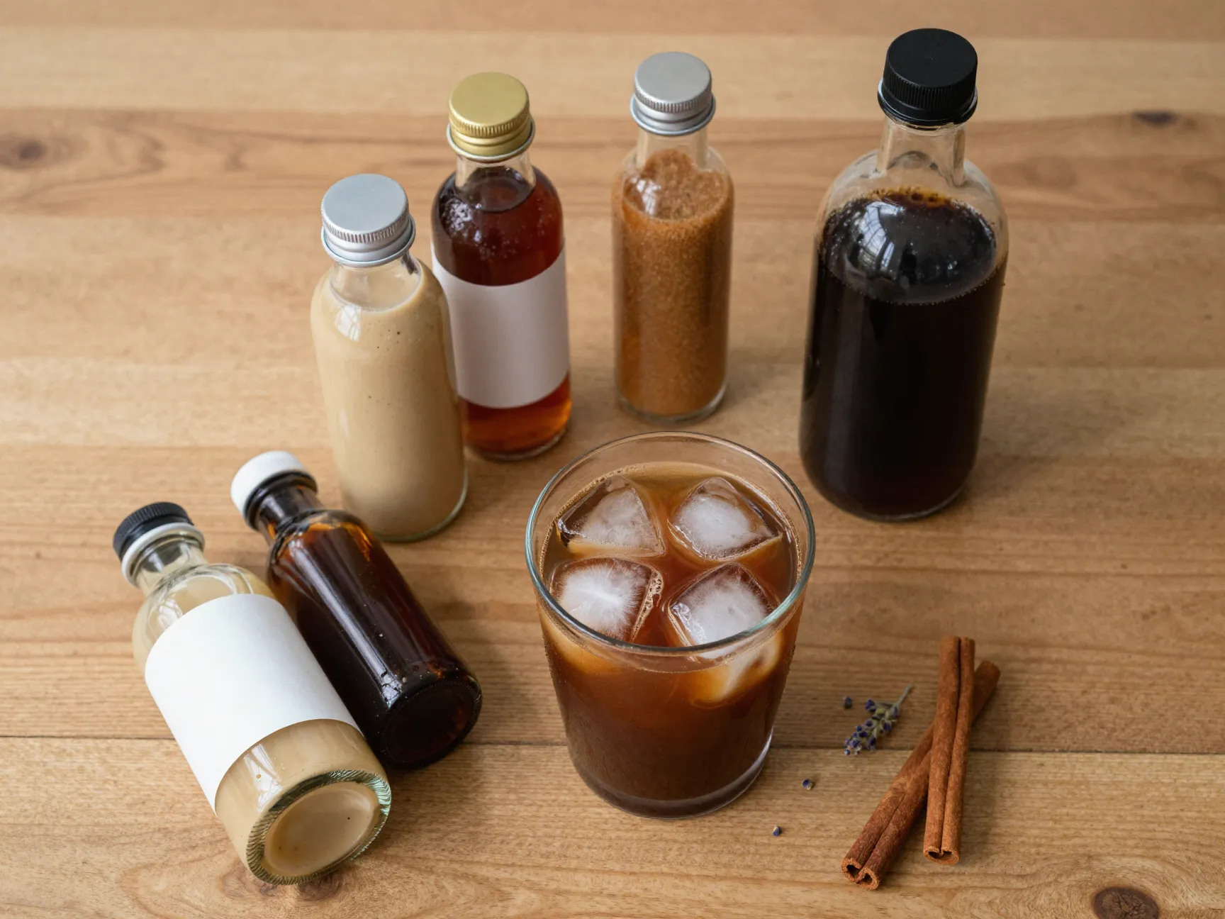 Flavored simple syrup bottles next cold brew concentrate glass ice