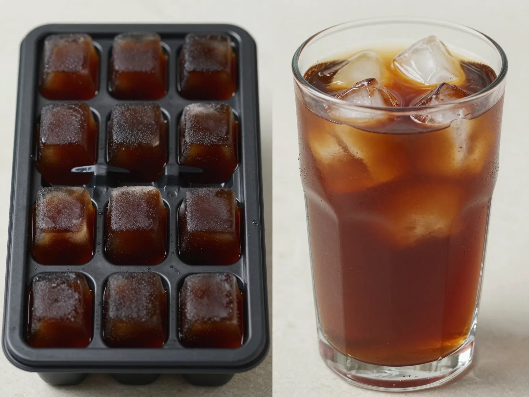 Coffee ice cubes frozen black plastic tray next full glass