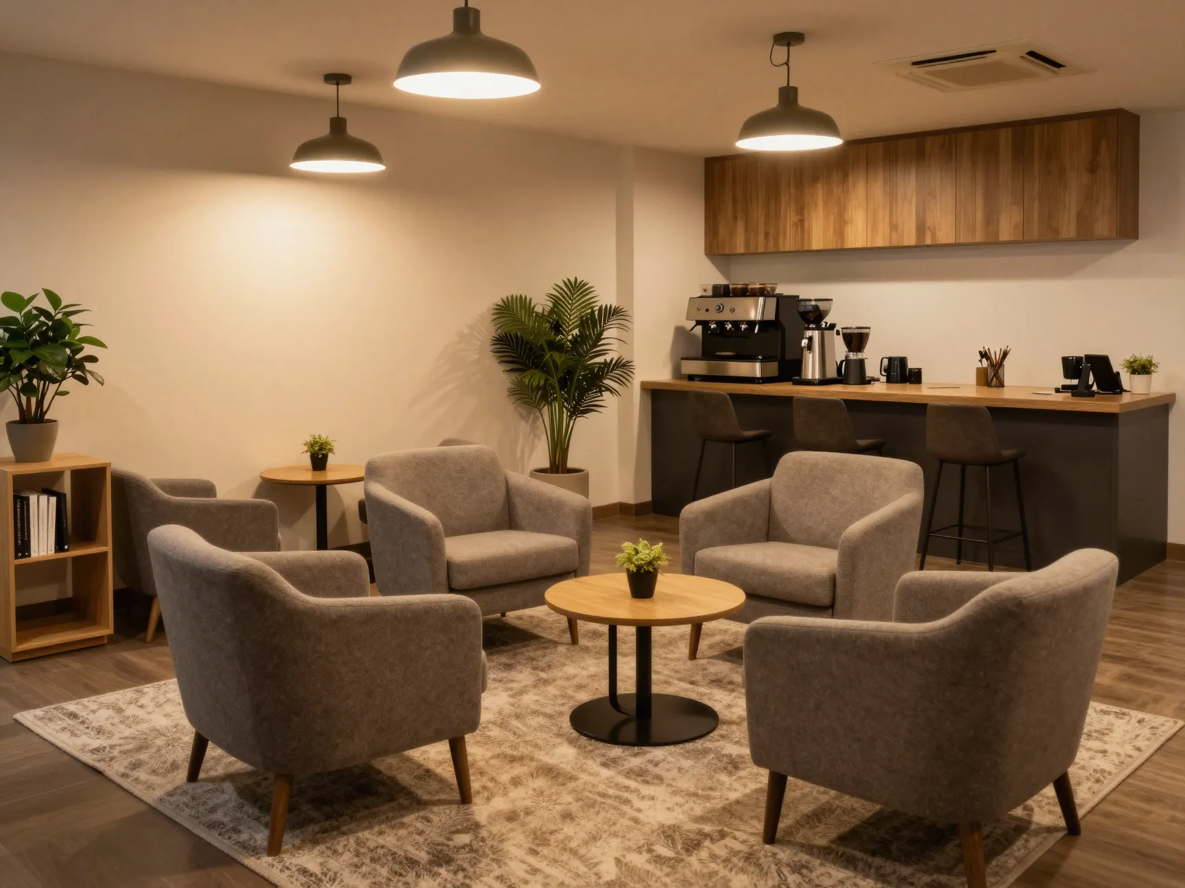 Comfortable seating nook adjacent to coffee station with armchairs and rug