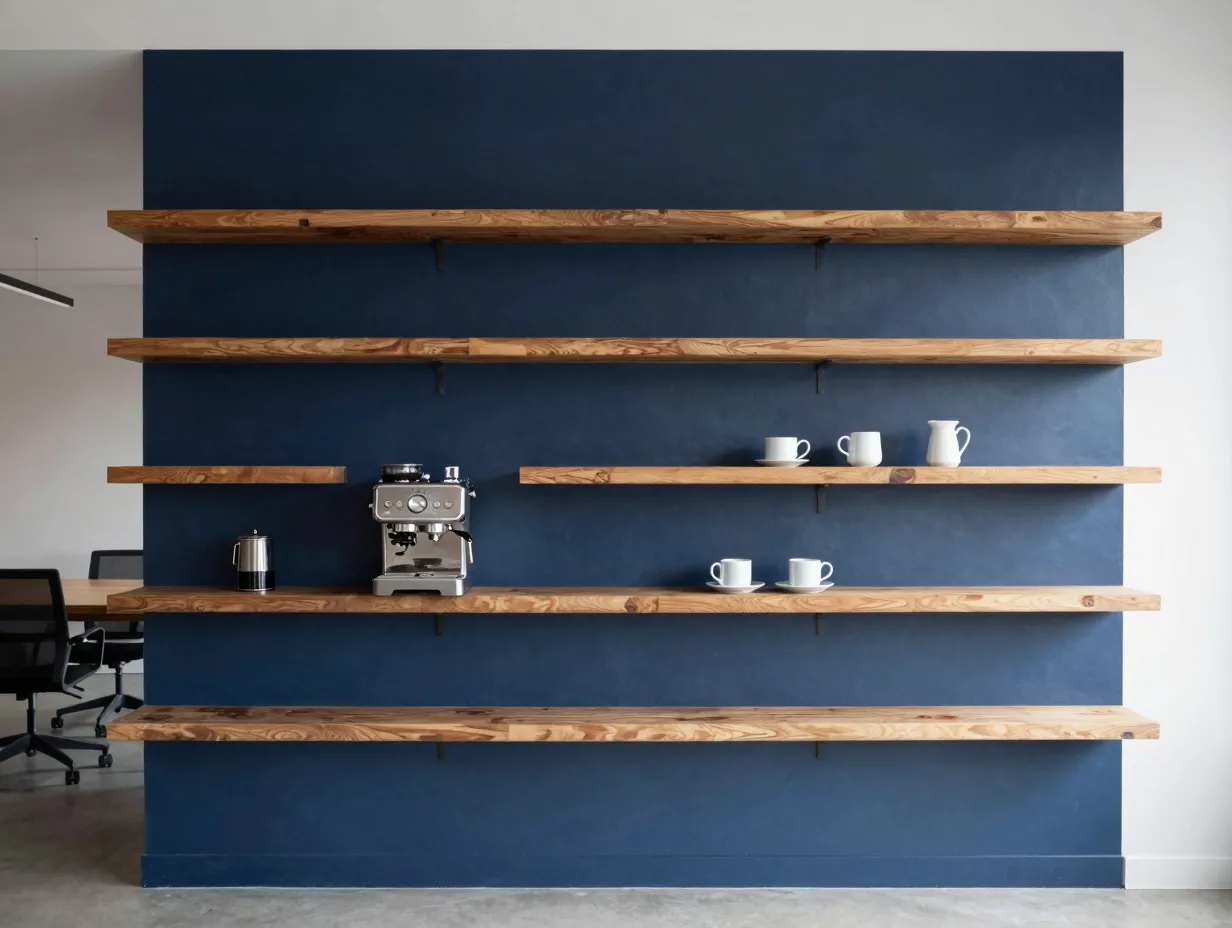 Accent wall coffee zone with painted backdrop and floating wood shelves