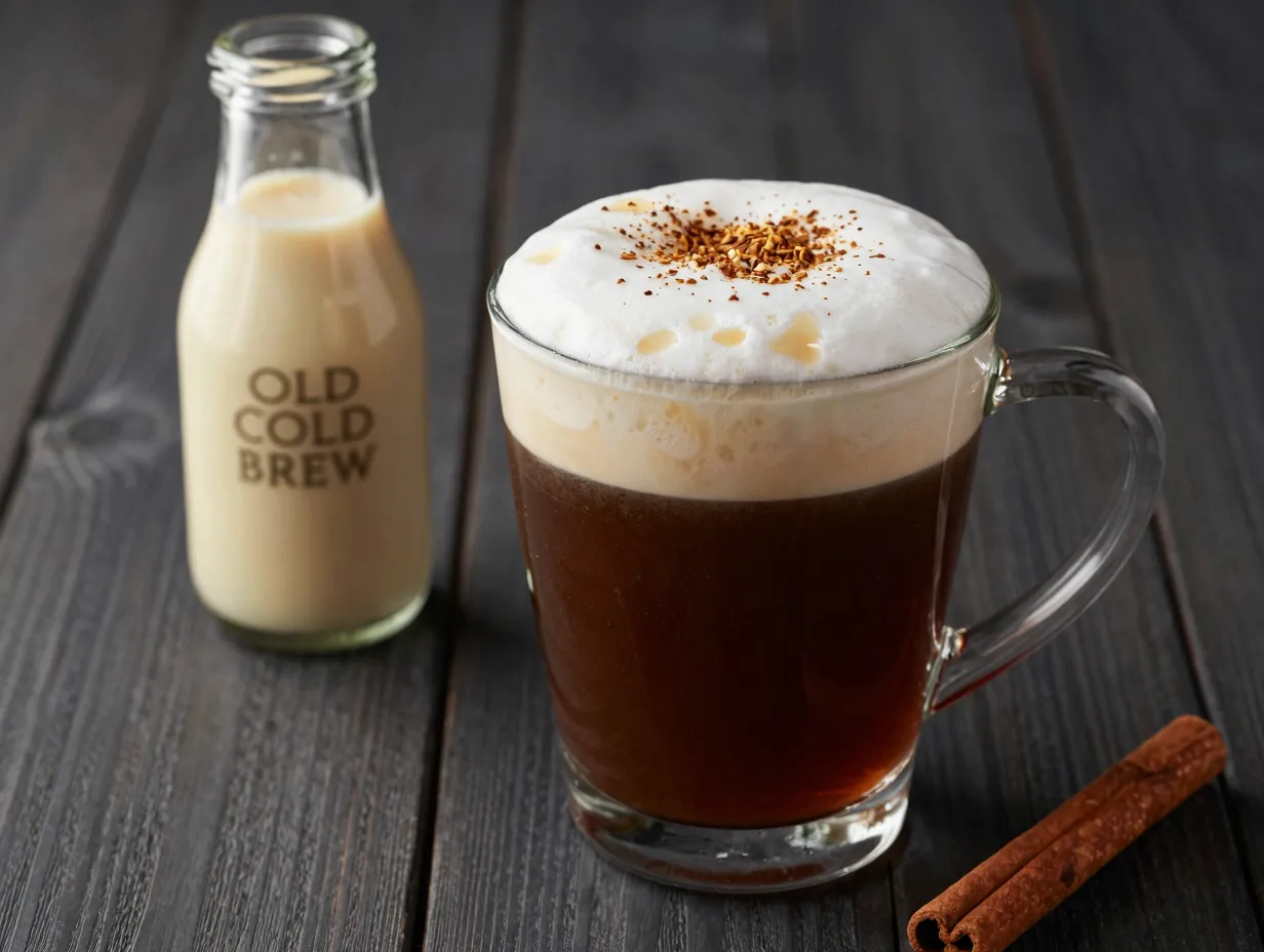 Eggnog cold foam cold brew clear glass mug foam nutmeg
