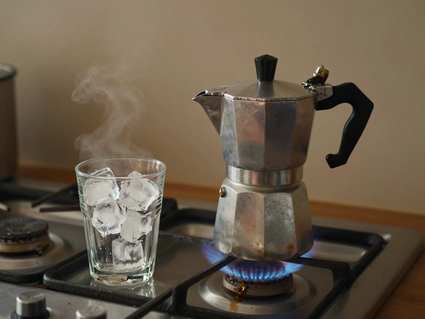 Moka pot brewing on a stove with a glass of ice ready
