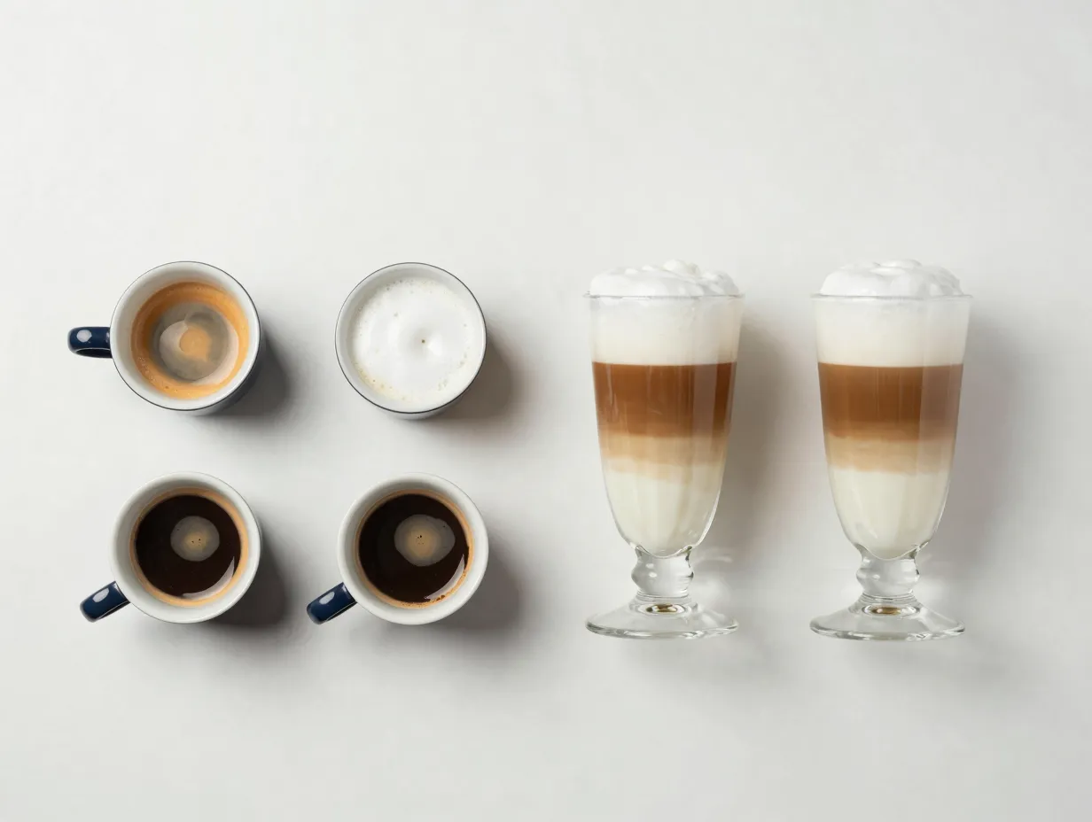 Two different macchiato drinks side by side espresso and latte versions