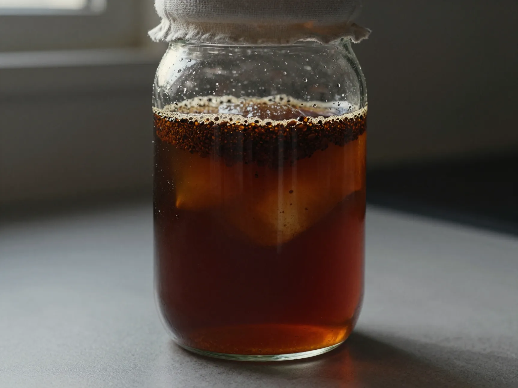 A cold brew coffee concentrate steeping in a glass jar overnight