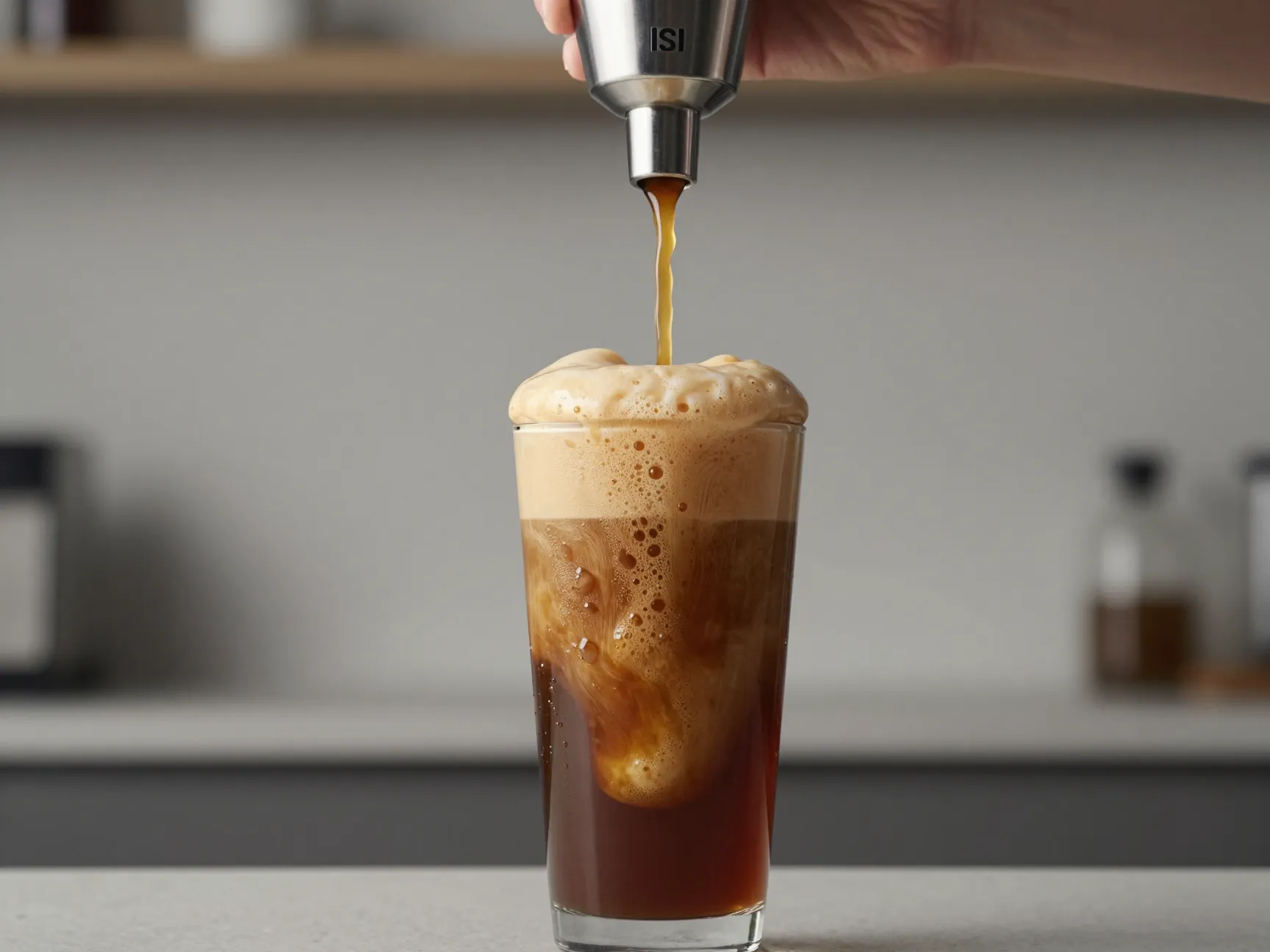 Nitro style cold brew cascading whipped cream dispenser tall glass