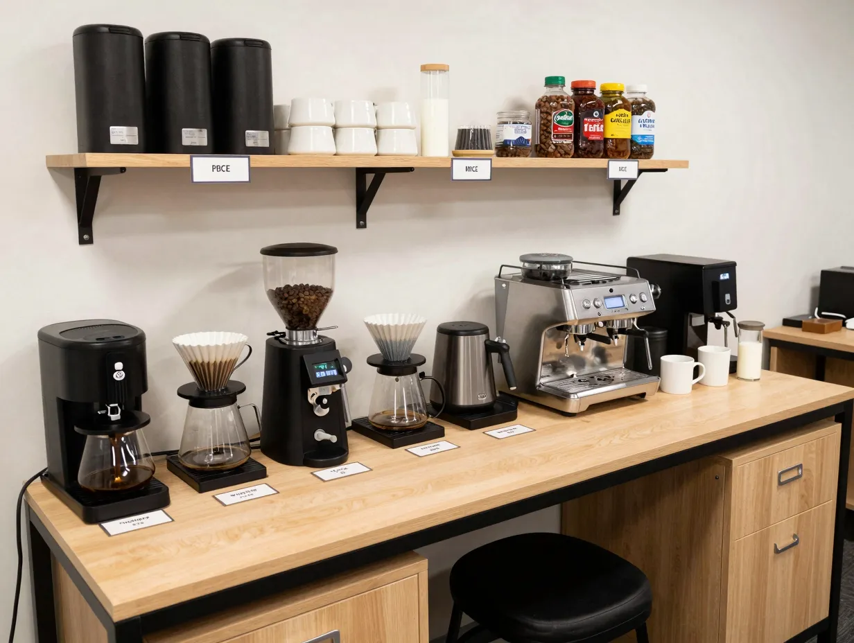 Organized coffee station with multiple brewing methods and logical workflow