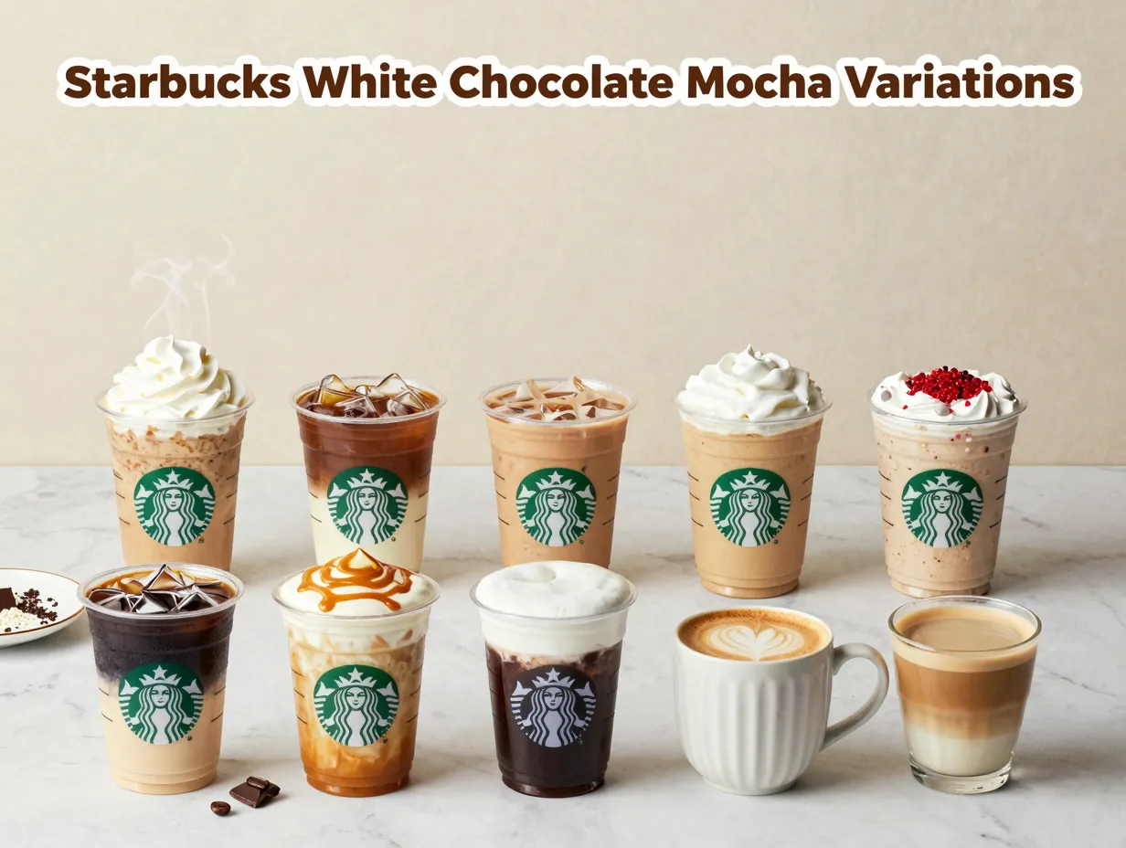 Eight white mocha variations flat lay cups foam holiday frappuccino