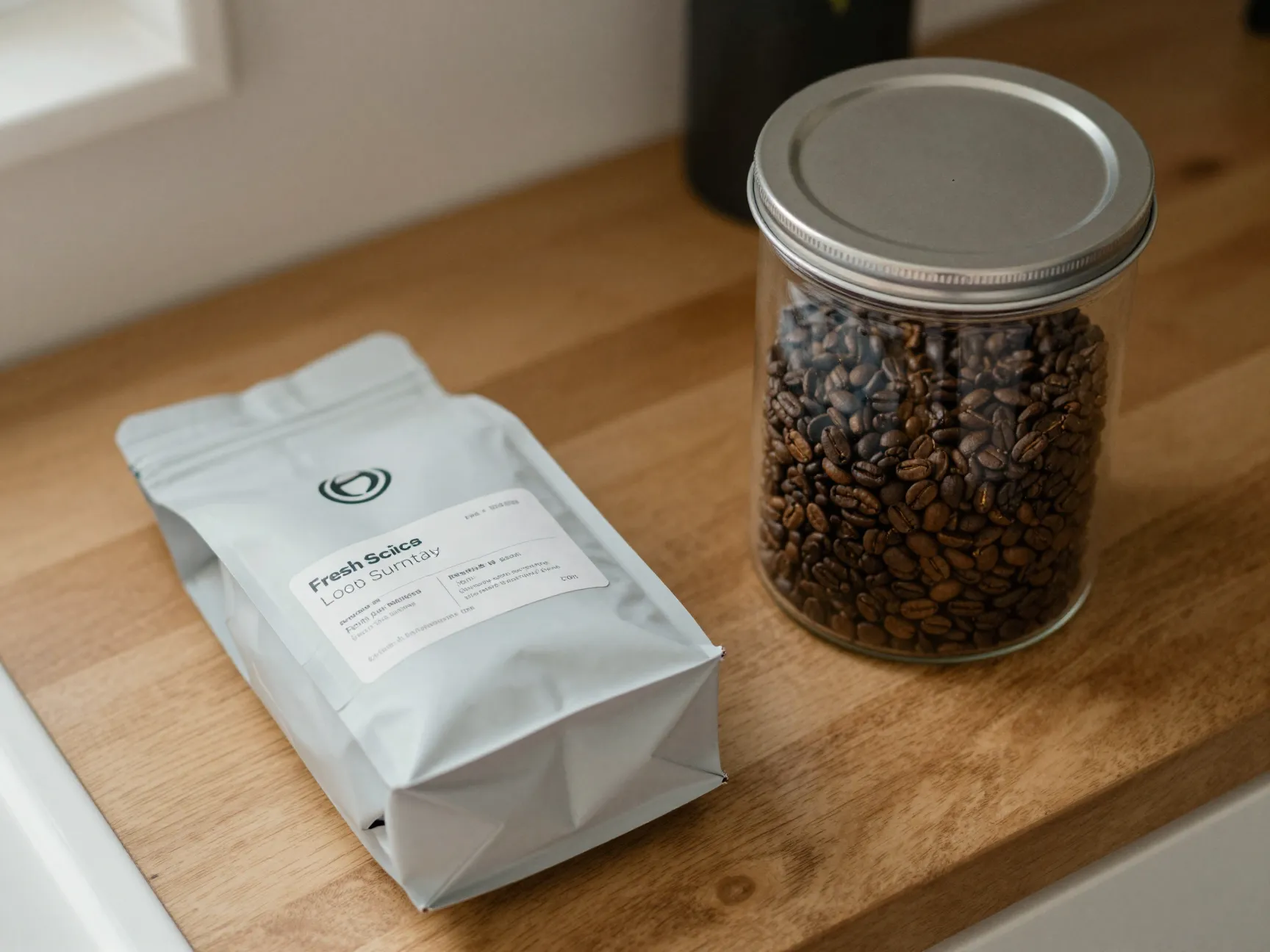 Fresh coffee beans in airtight canister on kitchen counter