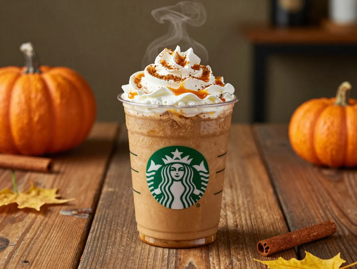 Pumpkin spice latte iconic seasonal warm drink in starbucks cafe