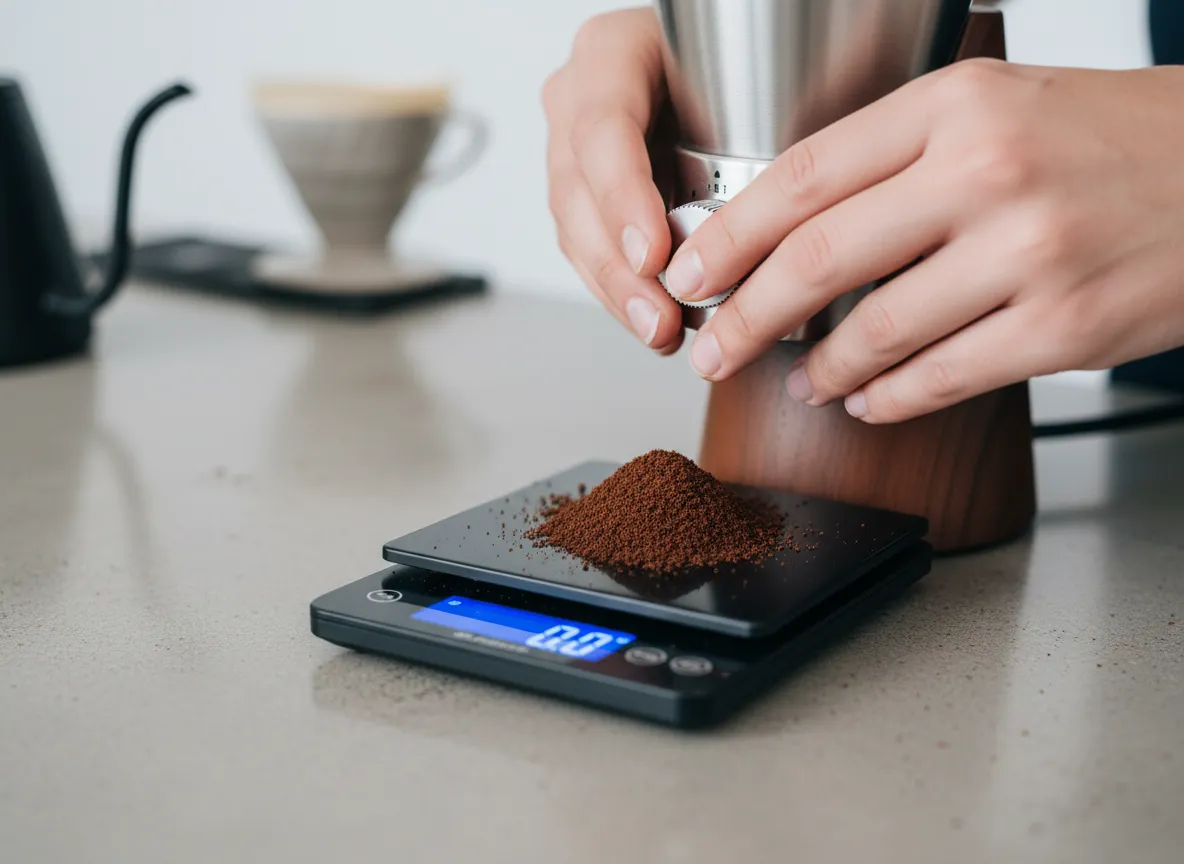 Adjusting burr grinder with fine grounds on scale