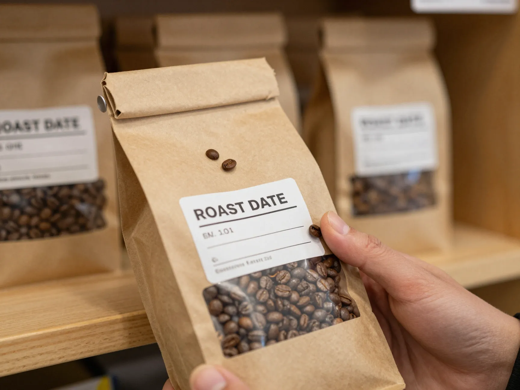 Fresh coffee beans in valve sealed bag with printed roast date on shelf