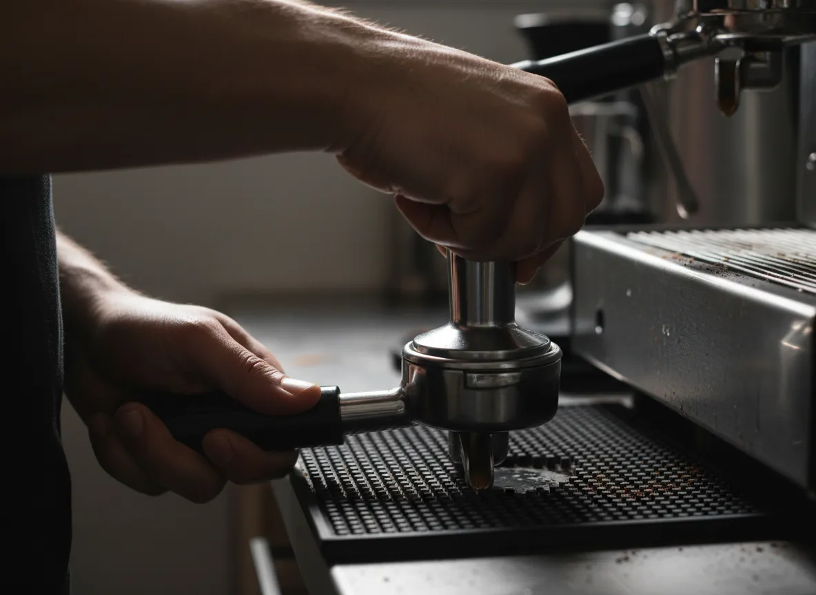 Hand tamping coffee puck with level pressure