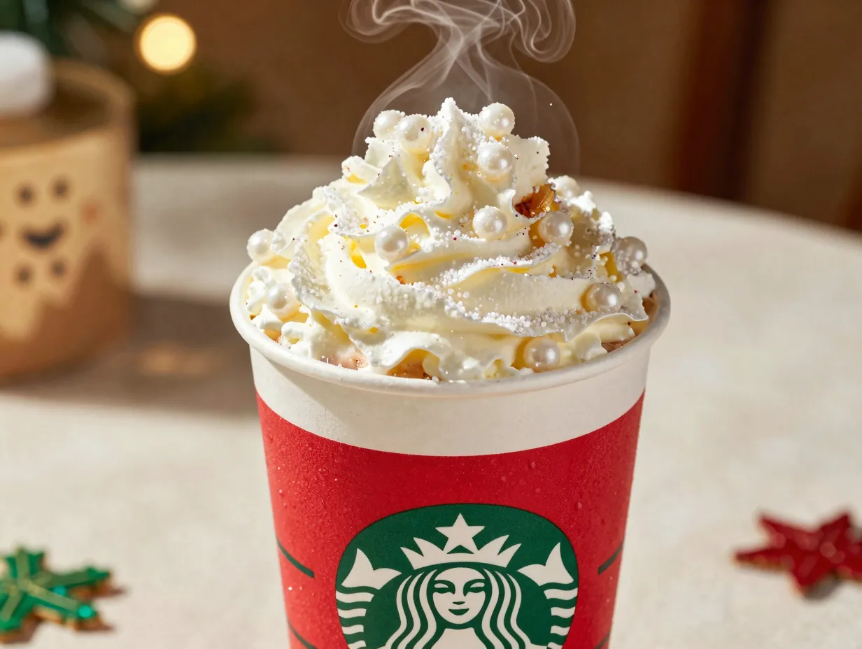 Holiday toasted white mocha with sugar sparkles and pearls
