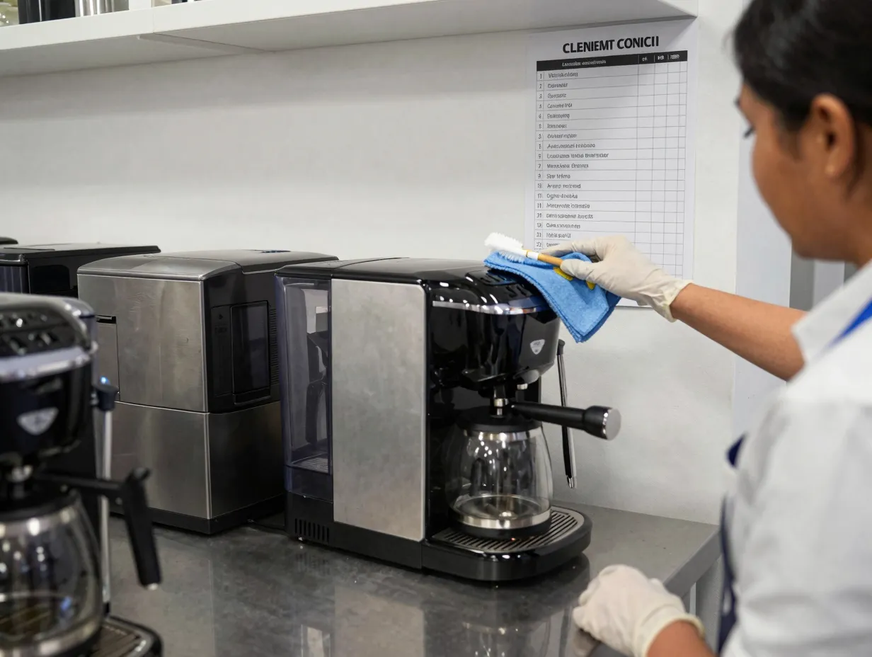 Office manager cleaning group drip coffee maker with checklist posted