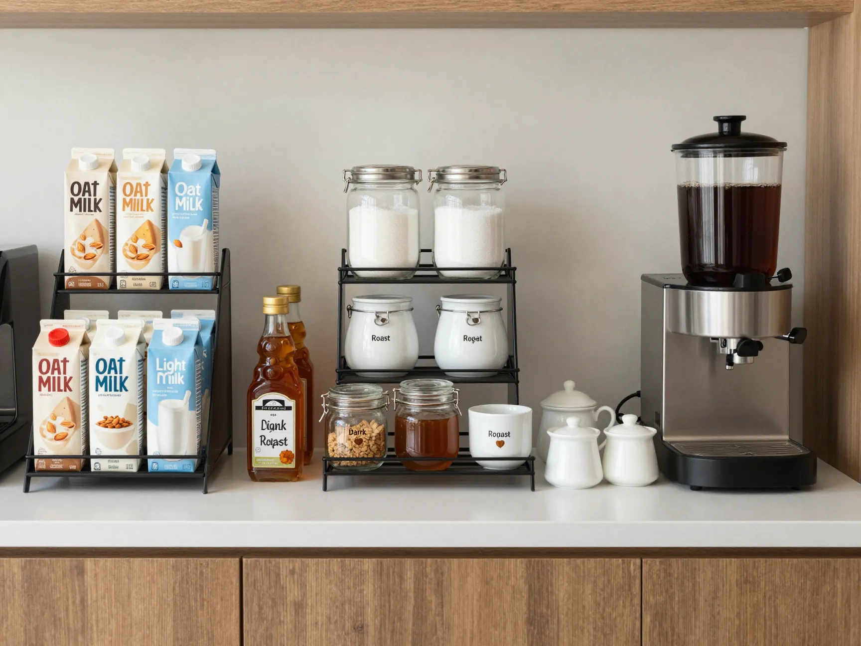 Organized coffee station with oat milk almond milk sugars and sweeteners