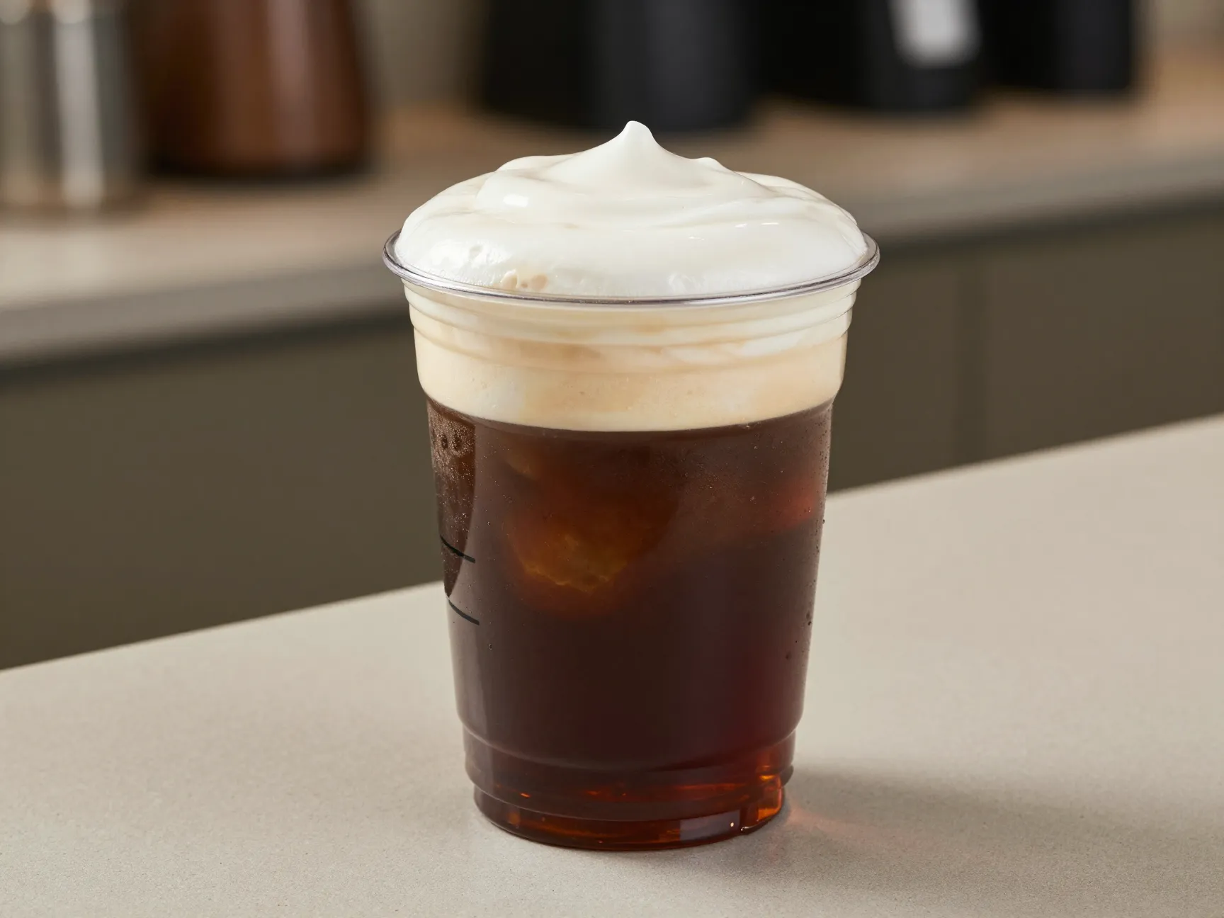 Thick white mocha cold foam layer on dark cold brew