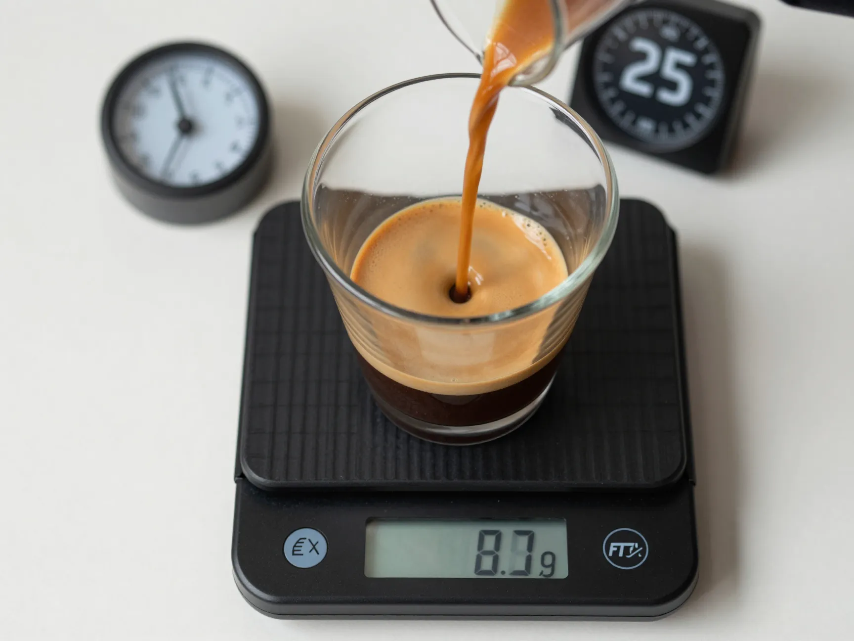 Espresso extraction into shot glass on scale 27g