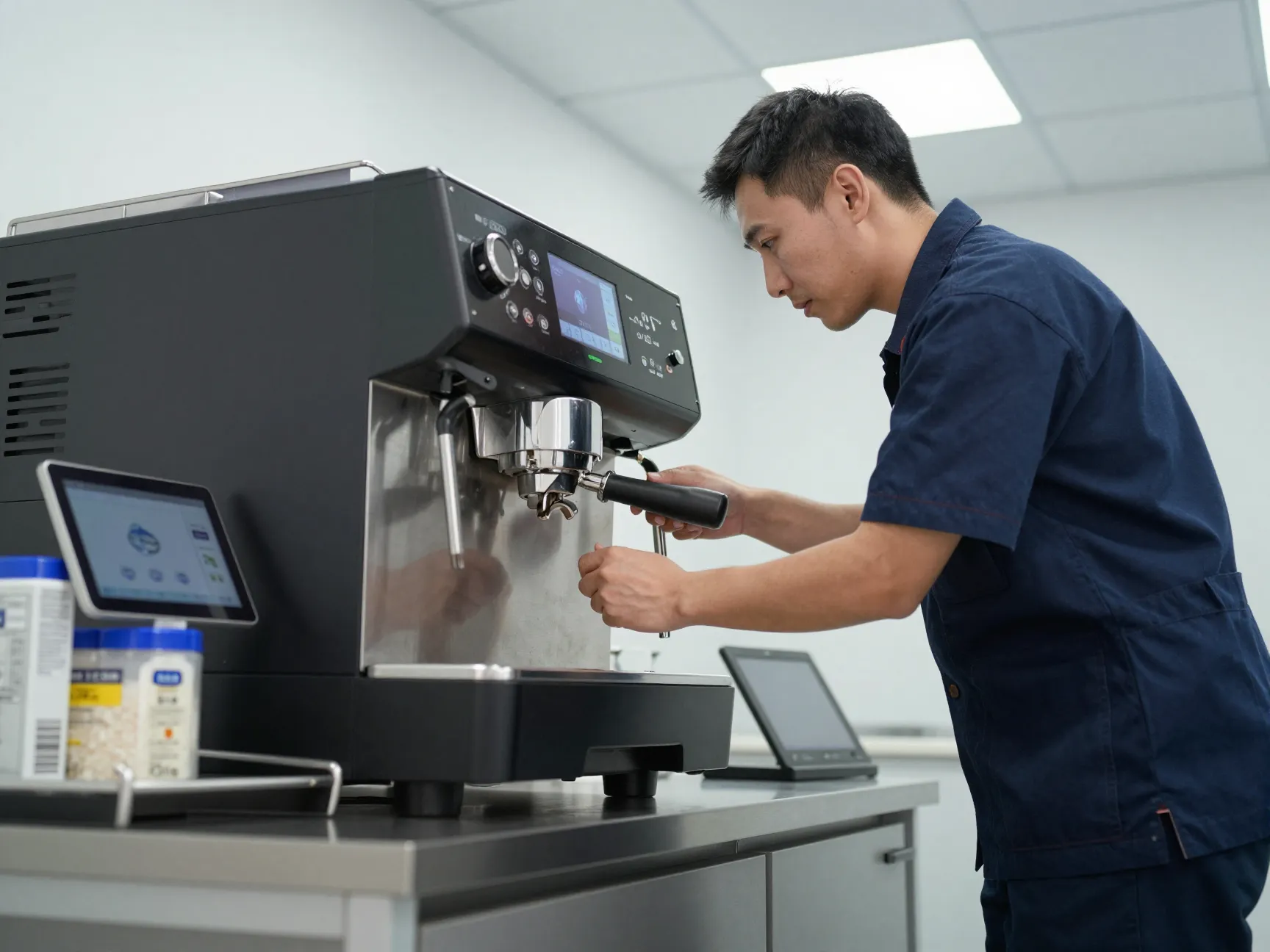 Professional service technician maintaining commercial bean to cup machine