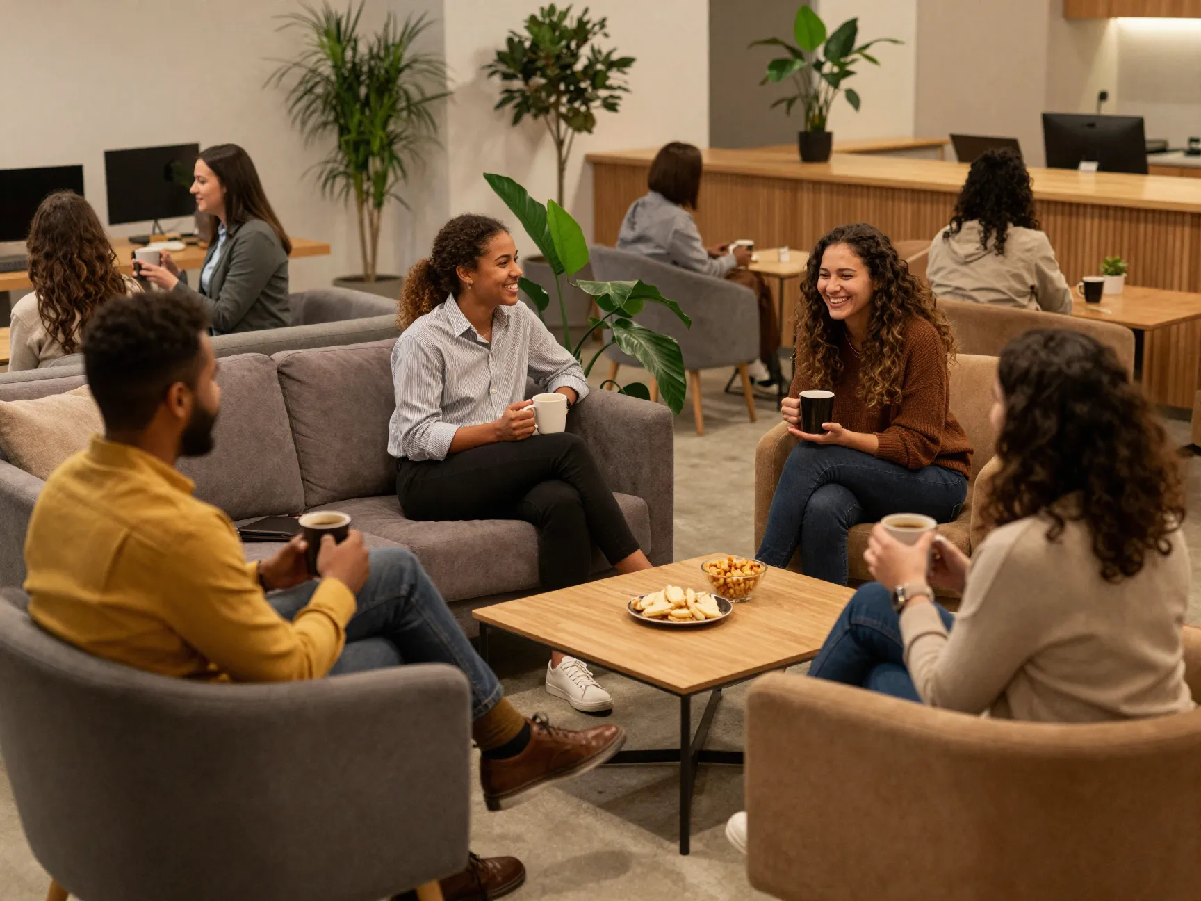 Employees socializing on comfortable sofas during coffee break in lounge