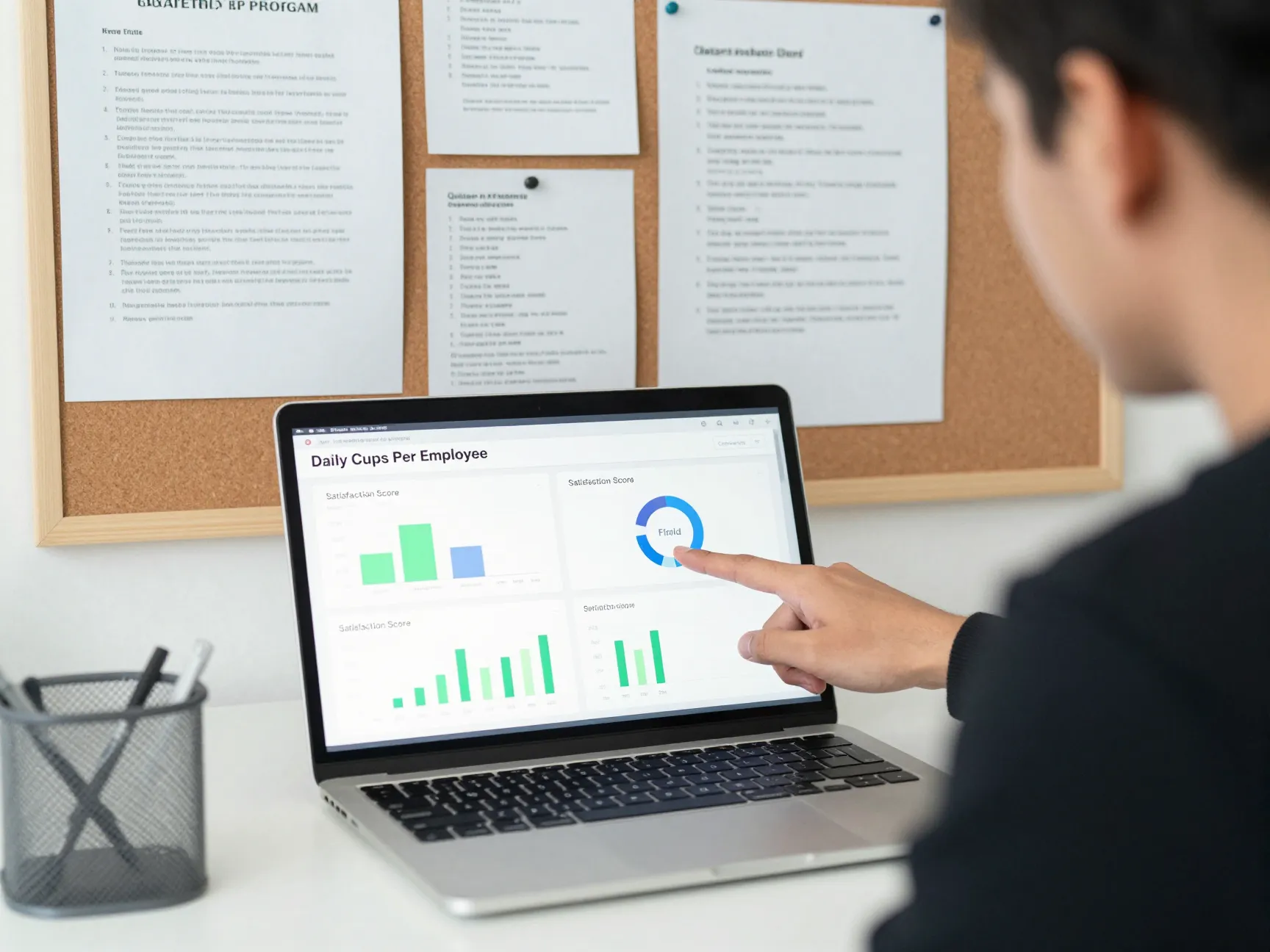 Manager reviewing coffee program metrics on dashboard with team feedback