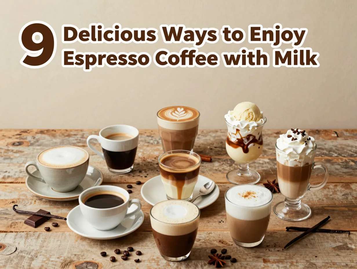 Nine espresso milk drinks flat lay semi circle coffee beans