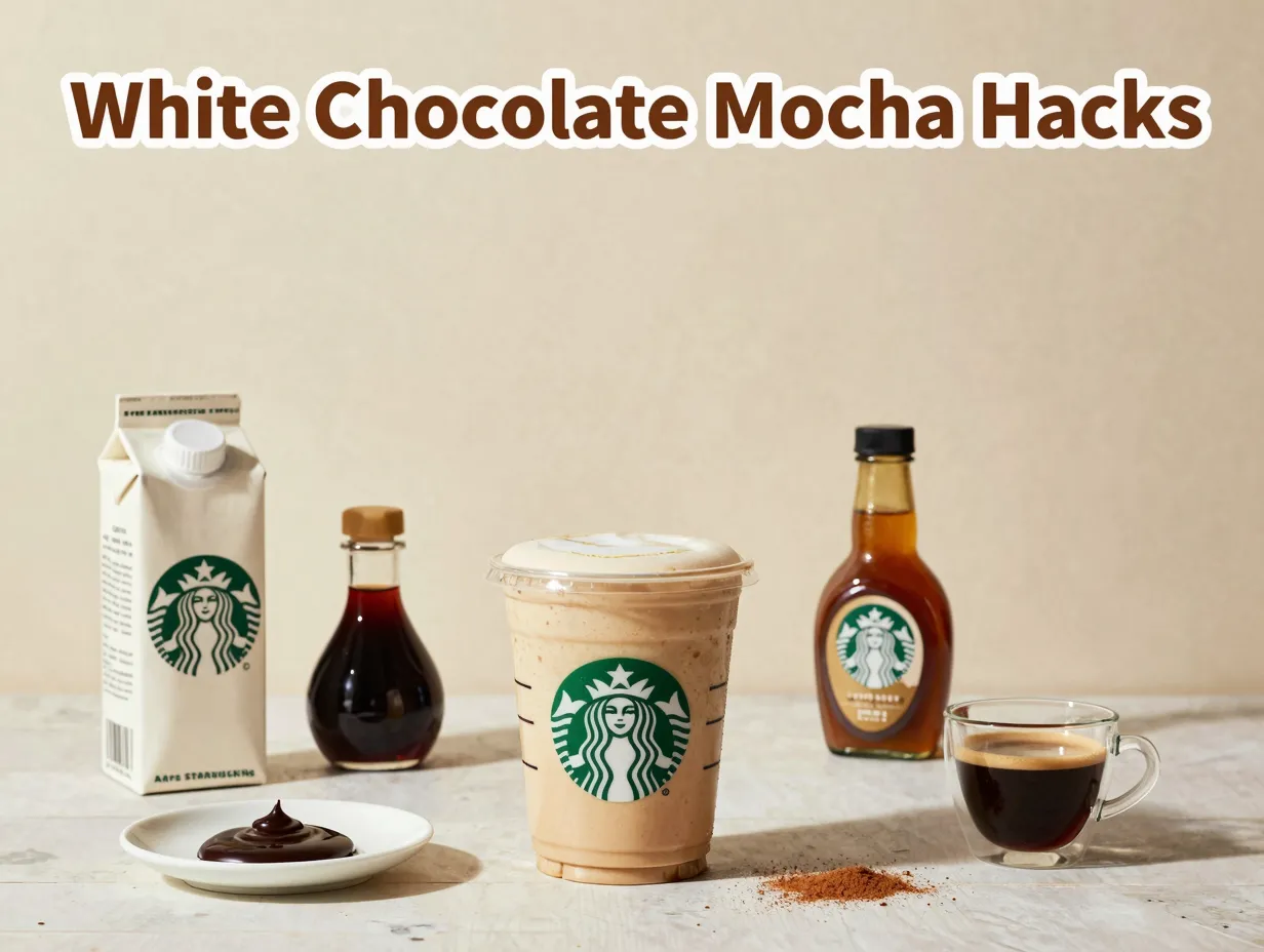 Starbucks white mocha hacks flatlay oat hazelnut cinnamon espresso