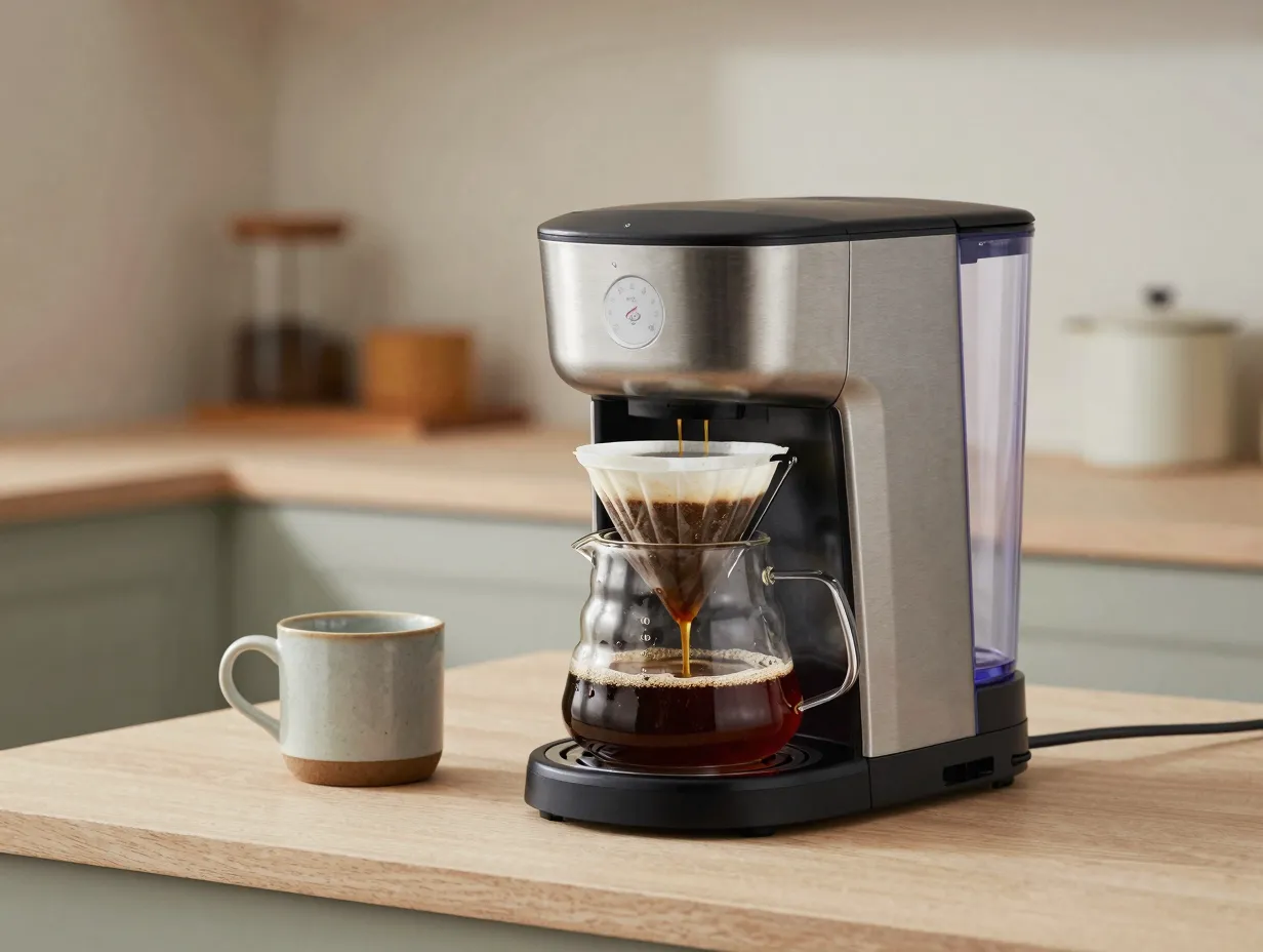 Automatic drip coffee maker brewing on a kitchen countertop