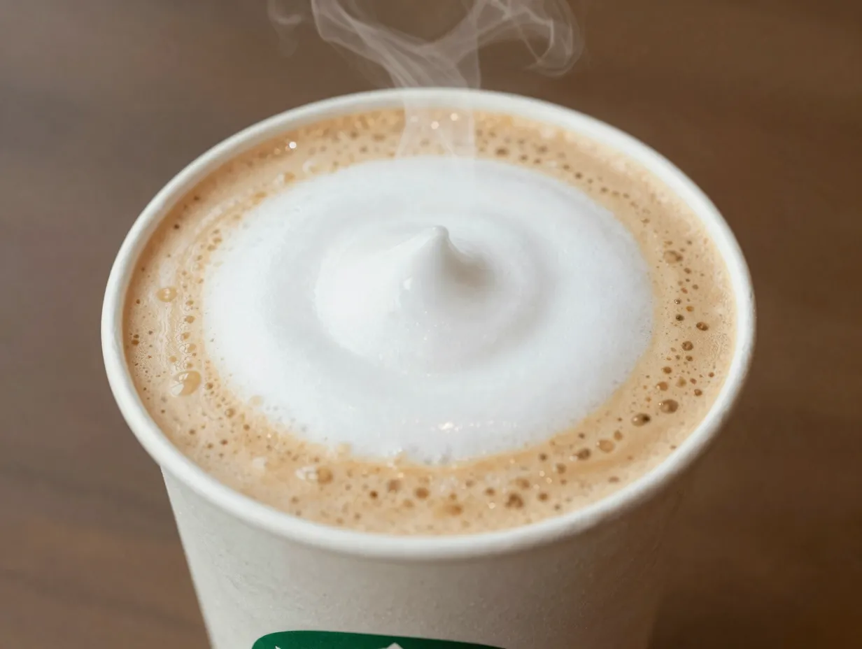 Steaming cup of white chocolate mocha with creamy oat milk foam