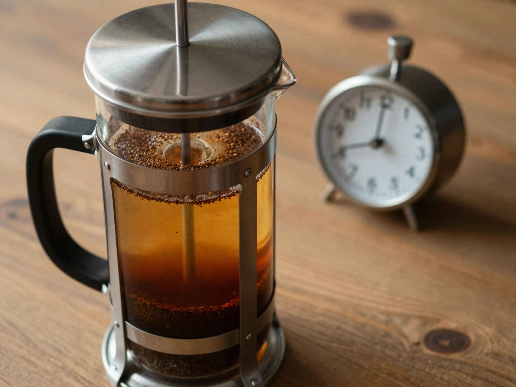 French press with coarse coffee grounds steeping in hot water