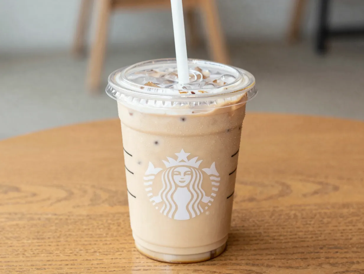 Iced white chocolate mocha with almond milk in clear cup