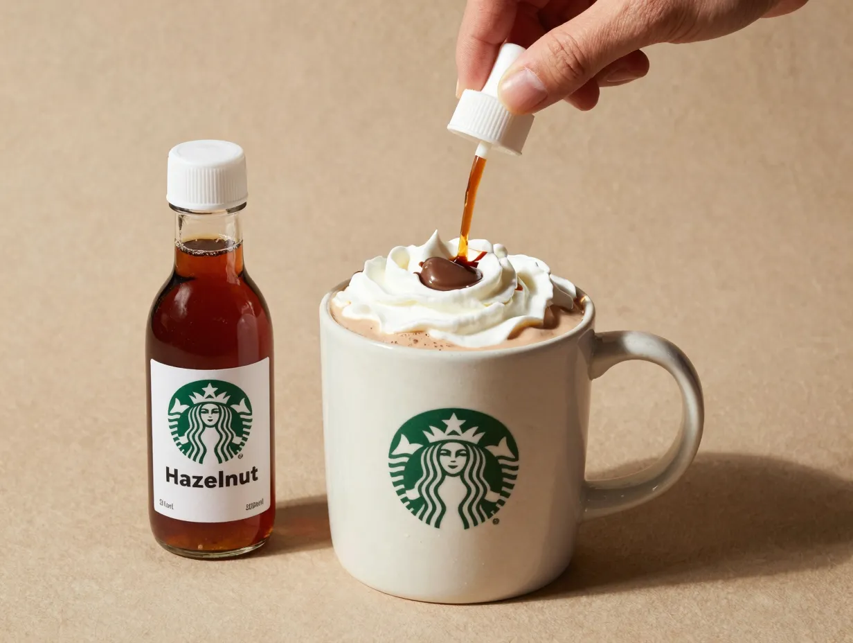 White chocolate mocha mug with hazelnut syrup bottle flat lay