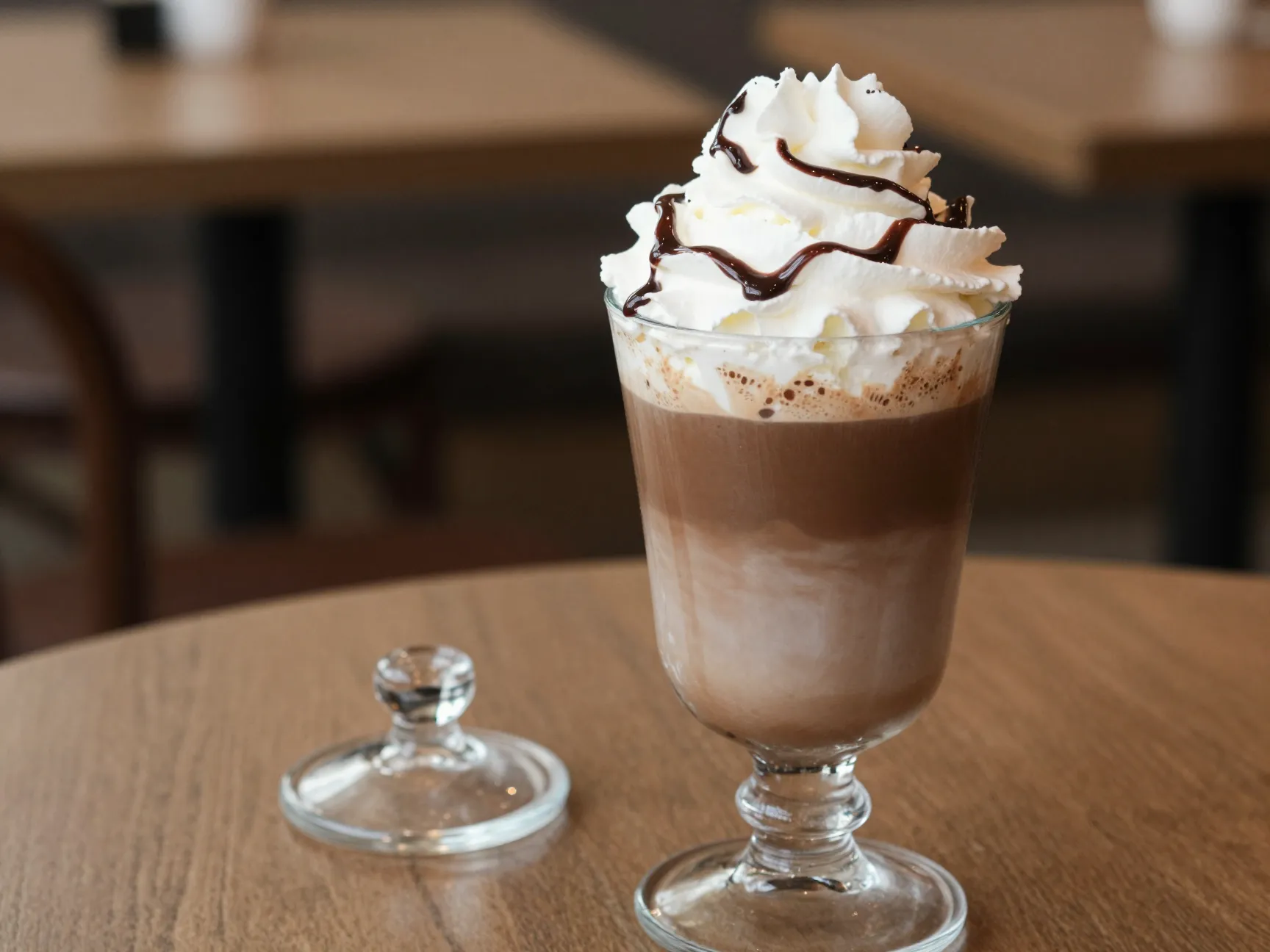 Mocha chocolate syrup whipped cream clear glass mug