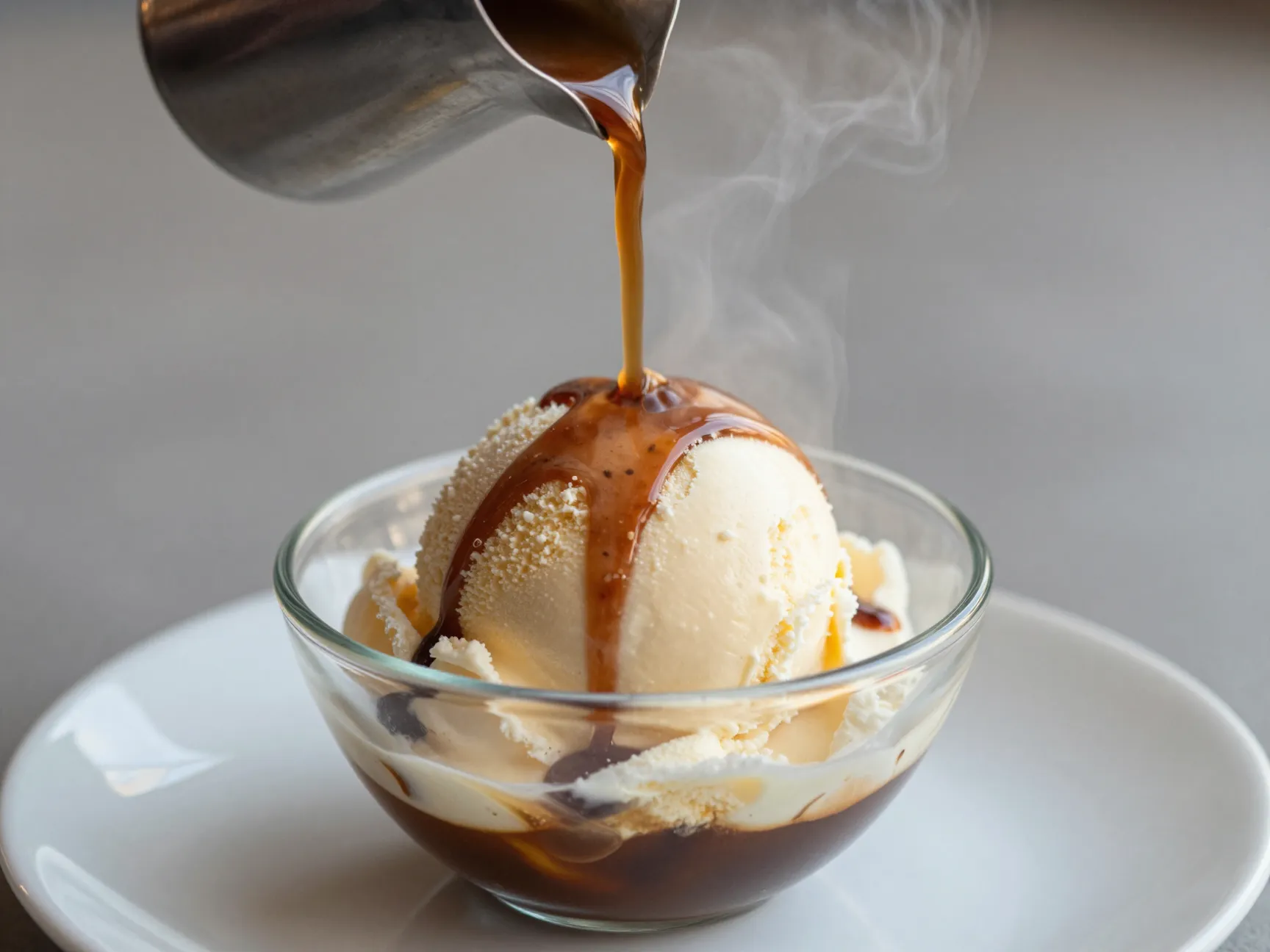 Affogato vanilla gelato hot espresso pour glass bowl