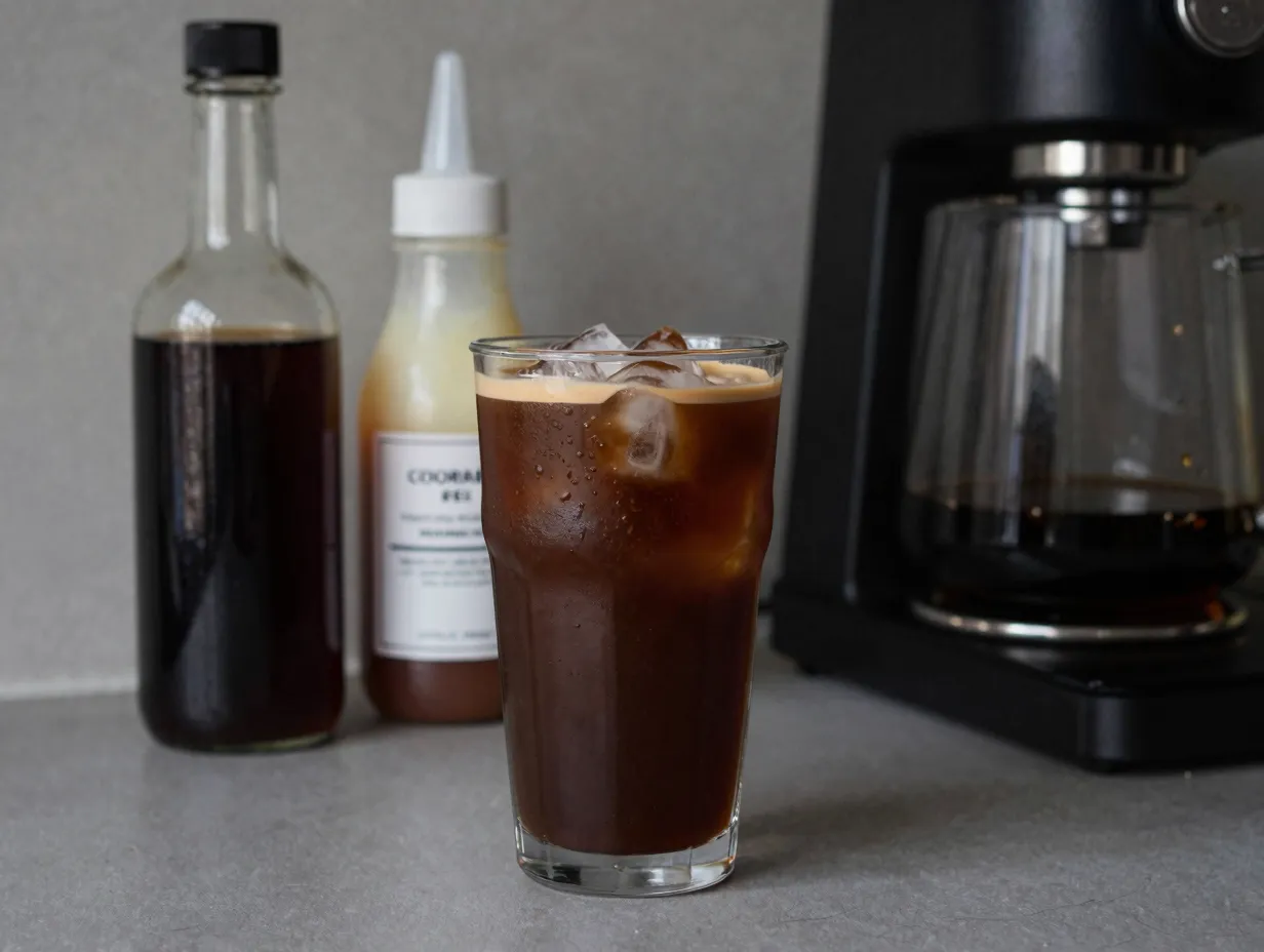 Glass of iced mocha with dark cold brew concentrate bottles