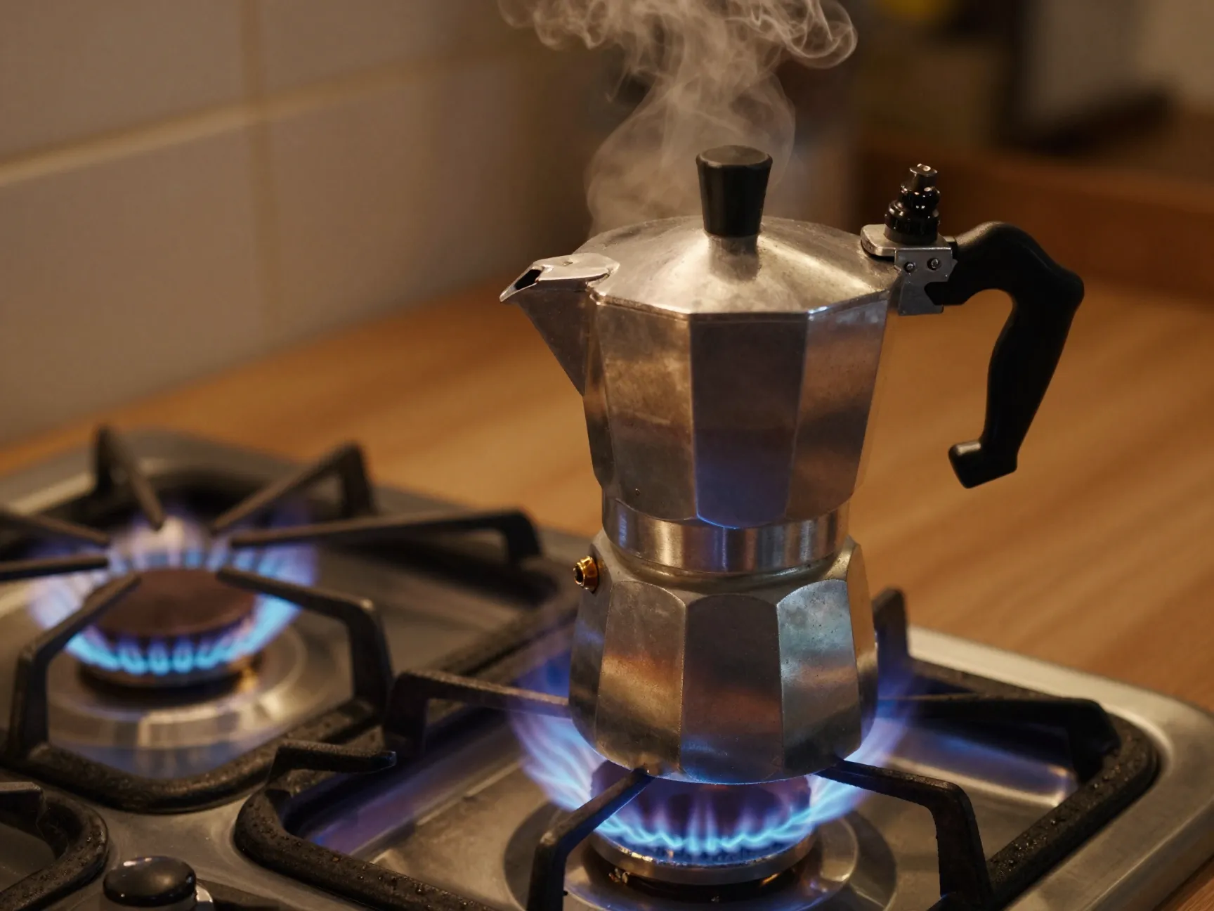 Stovetop moka pot brewing on a gas burner producing coffee