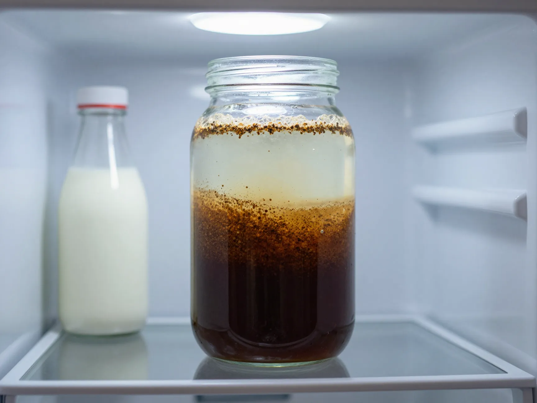 Cold brew coffee steeping in a large glass jar in a refrigerator