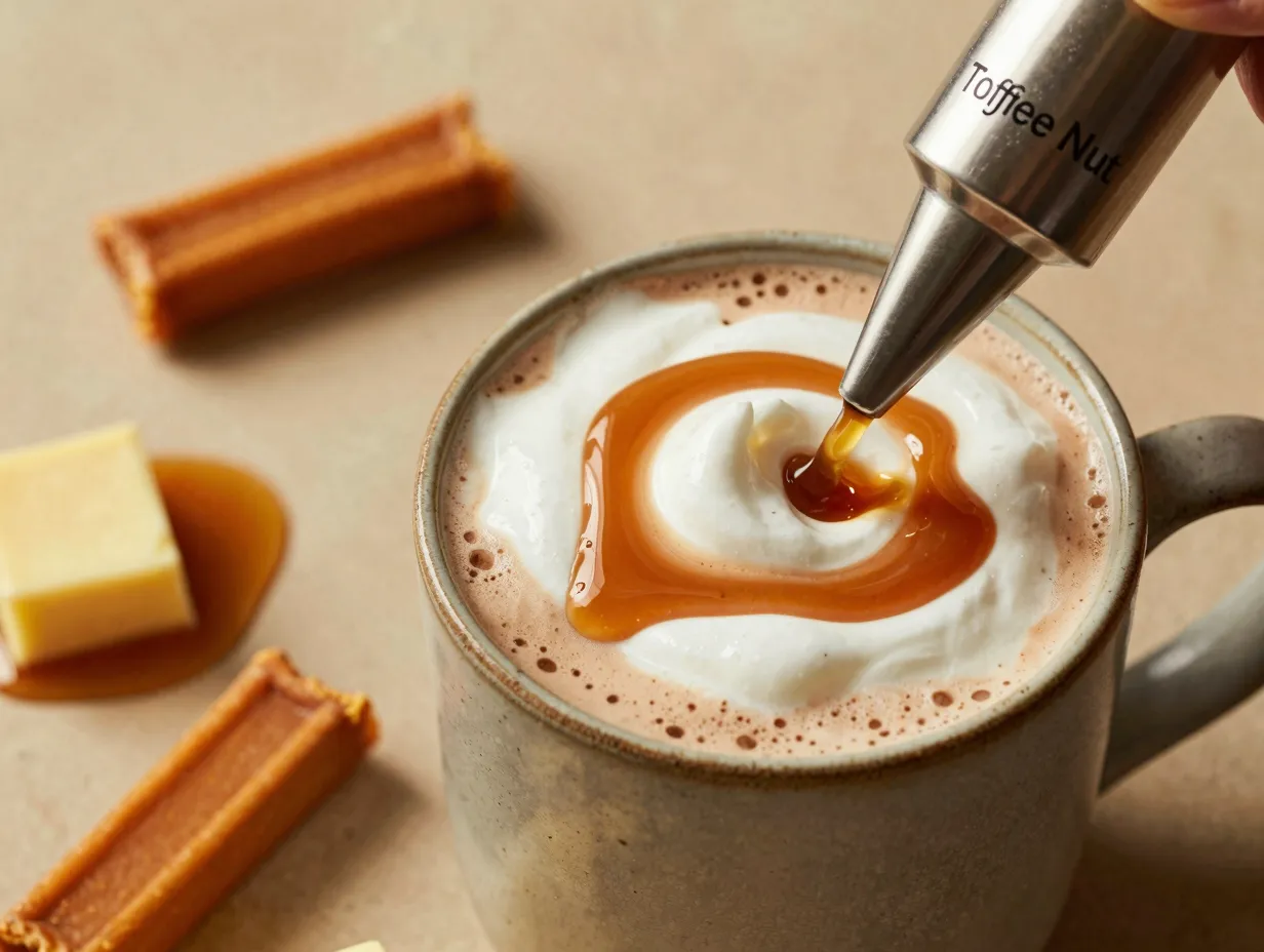 Hot mocha in mug with toffee nut syrup pump dispenser