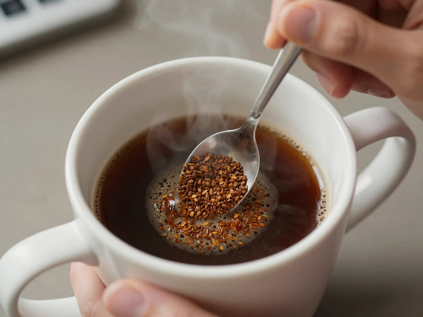 Instant coffee being stirred in a mug with steam rising